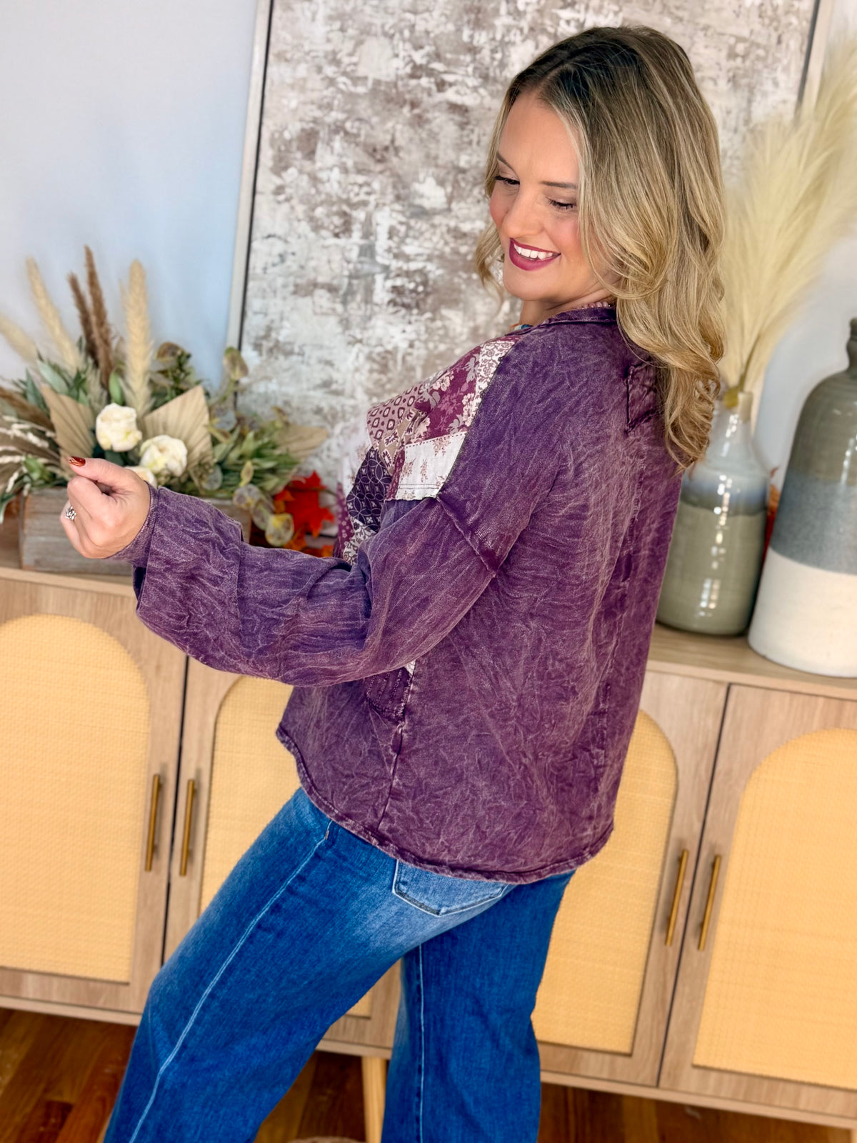 Mineral Wash Patchwork Swirl Top-110 Long Sleeve Top-jHer-The Lovely Closet, Women's Fashion Boutique in Alexandria, KY