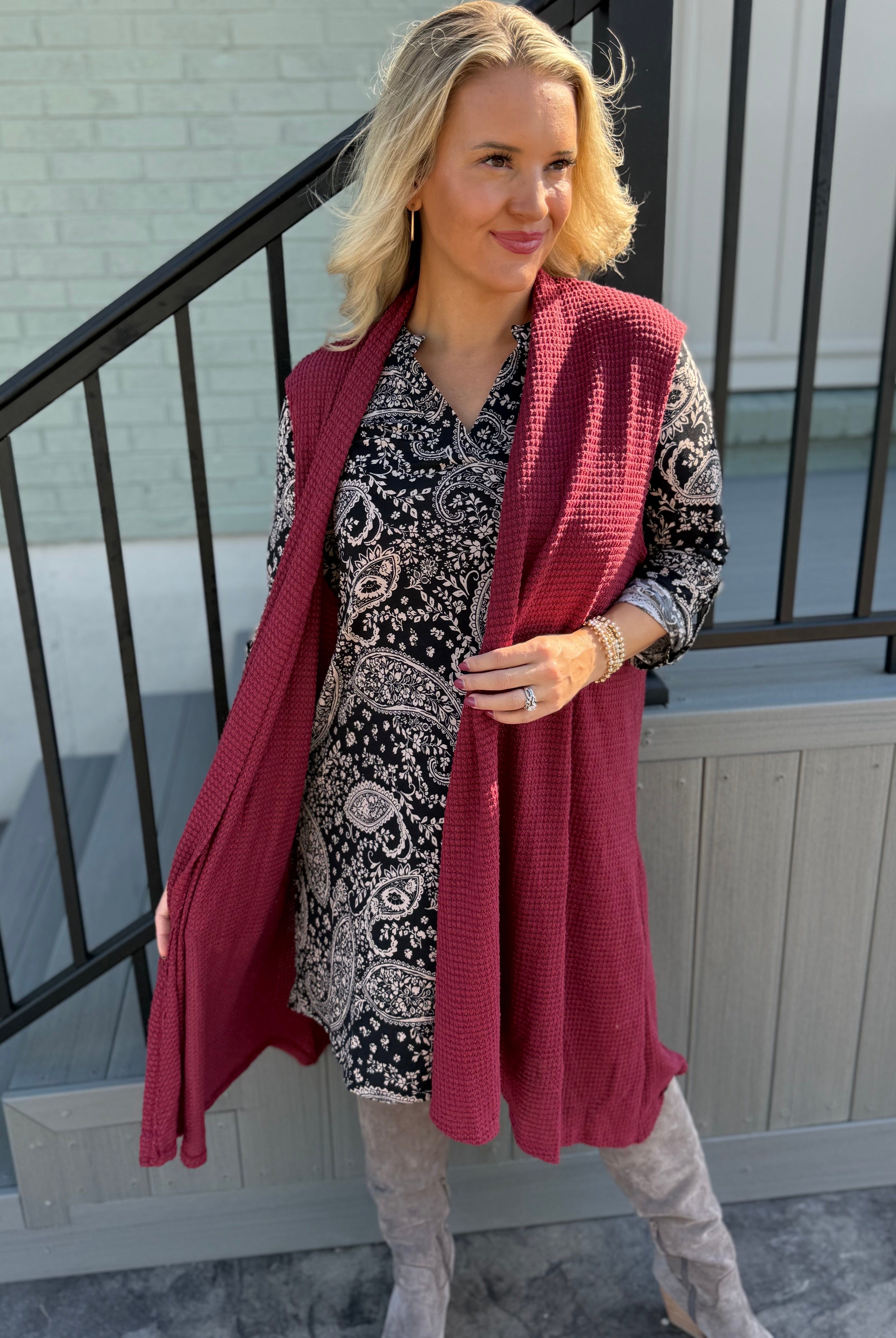 FINAL SALE - Chill in the Air Midi Vest - Wine-160 Cardigan/Kimonos-Dear Scarlett-The Lovely Closet, Women's Fashion Boutique in Alexandria, KY