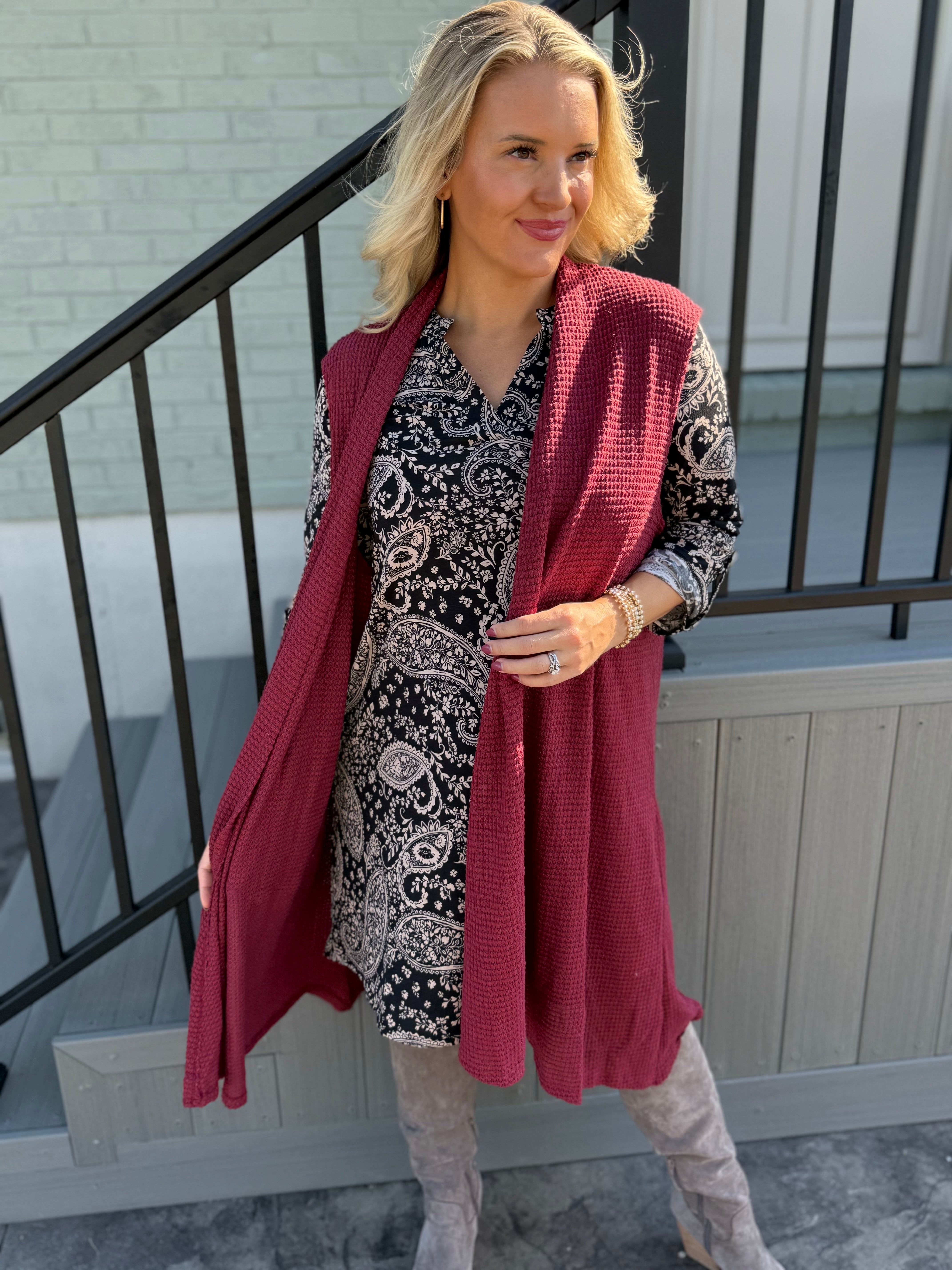 FINAL SALE - Chill in the Air Midi Vest - Wine-160 Cardigan/Kimonos-Dear Scarlett-The Lovely Closet, Women's Fashion Boutique in Alexandria, KY