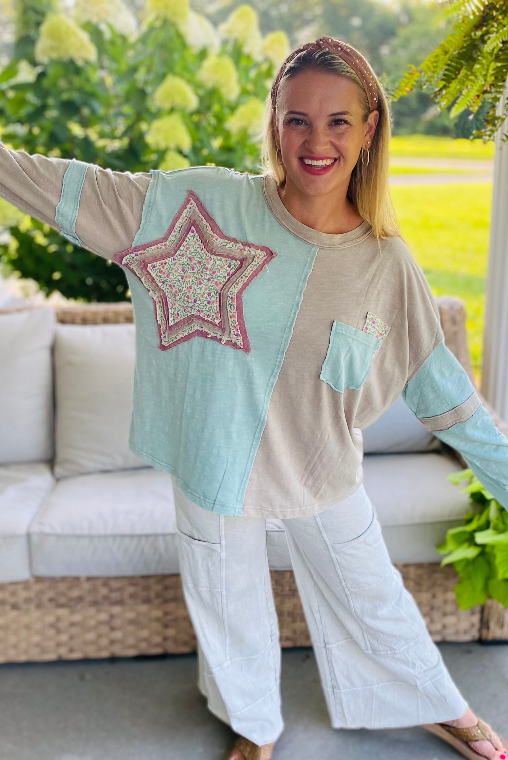 Starlight Bloom Top - Lt. Teal-110 Long Sleeve Top-easel-The Lovely Closet, Women's Fashion Boutique in Alexandria, KY