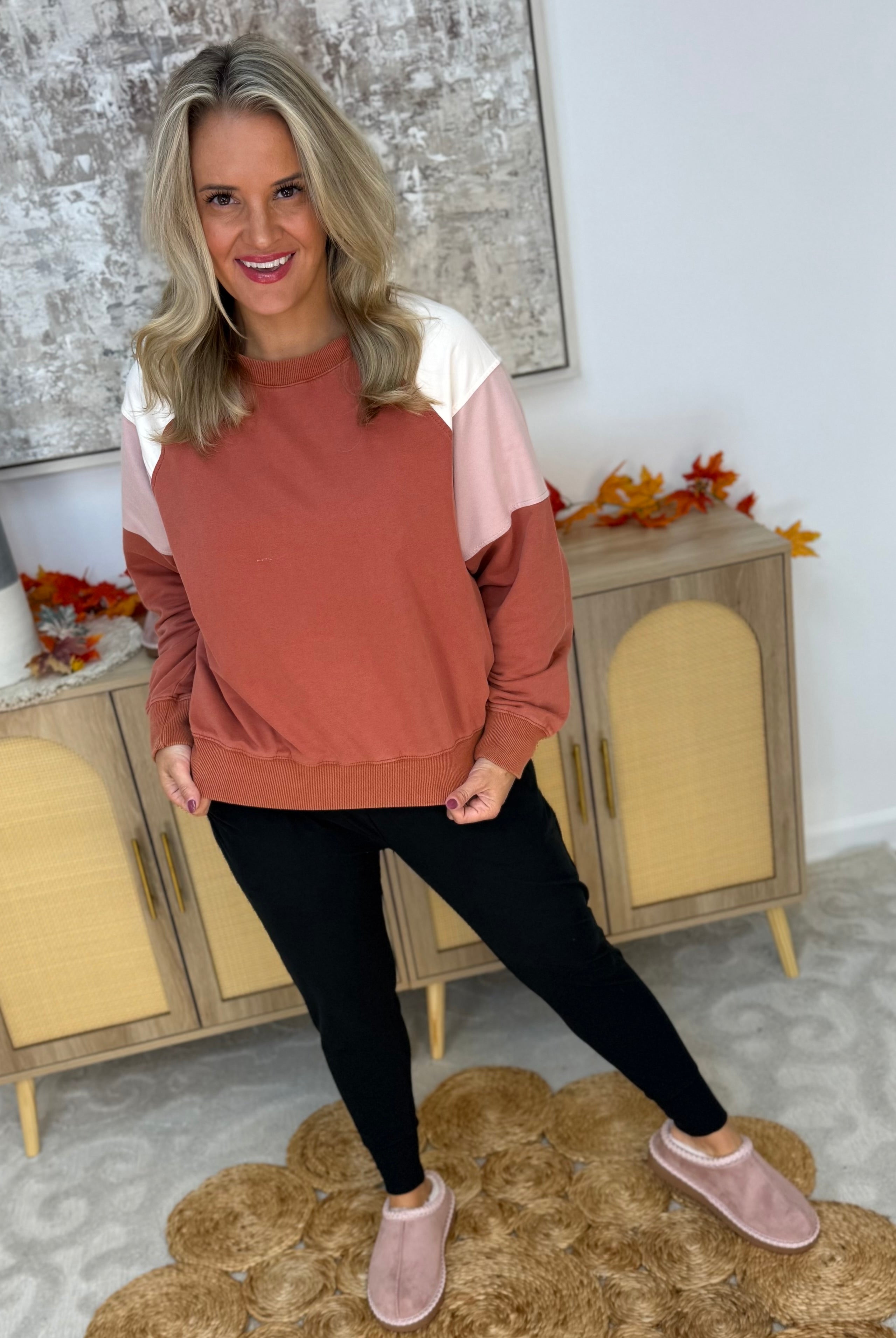 Washed Brick & Pink Pullover-110 Long Sleeve Top-White Birch-The Lovely Closet, Women's Fashion Boutique in Alexandria, KY
