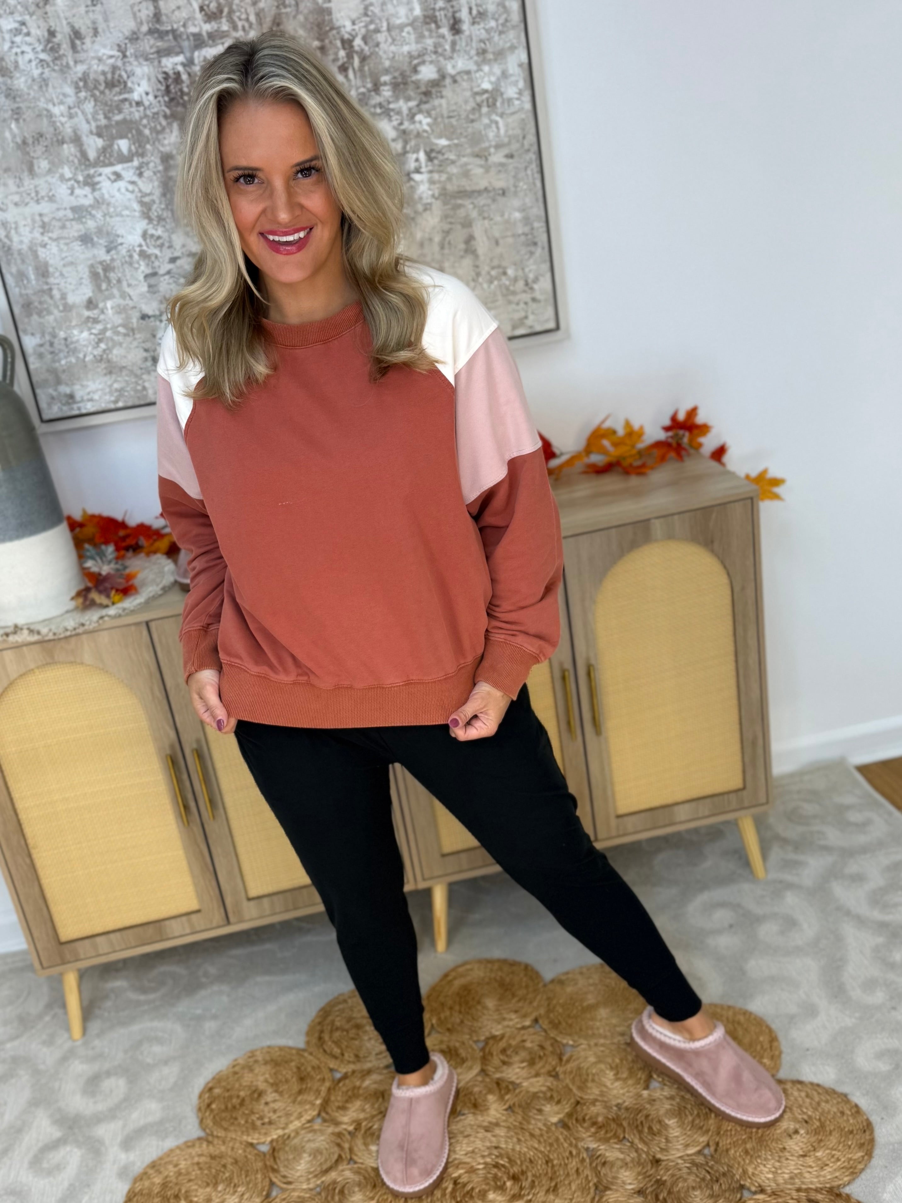 Washed Brick & Pink Pullover-110 Long Sleeve Top-White Birch-The Lovely Closet, Women's Fashion Boutique in Alexandria, KY