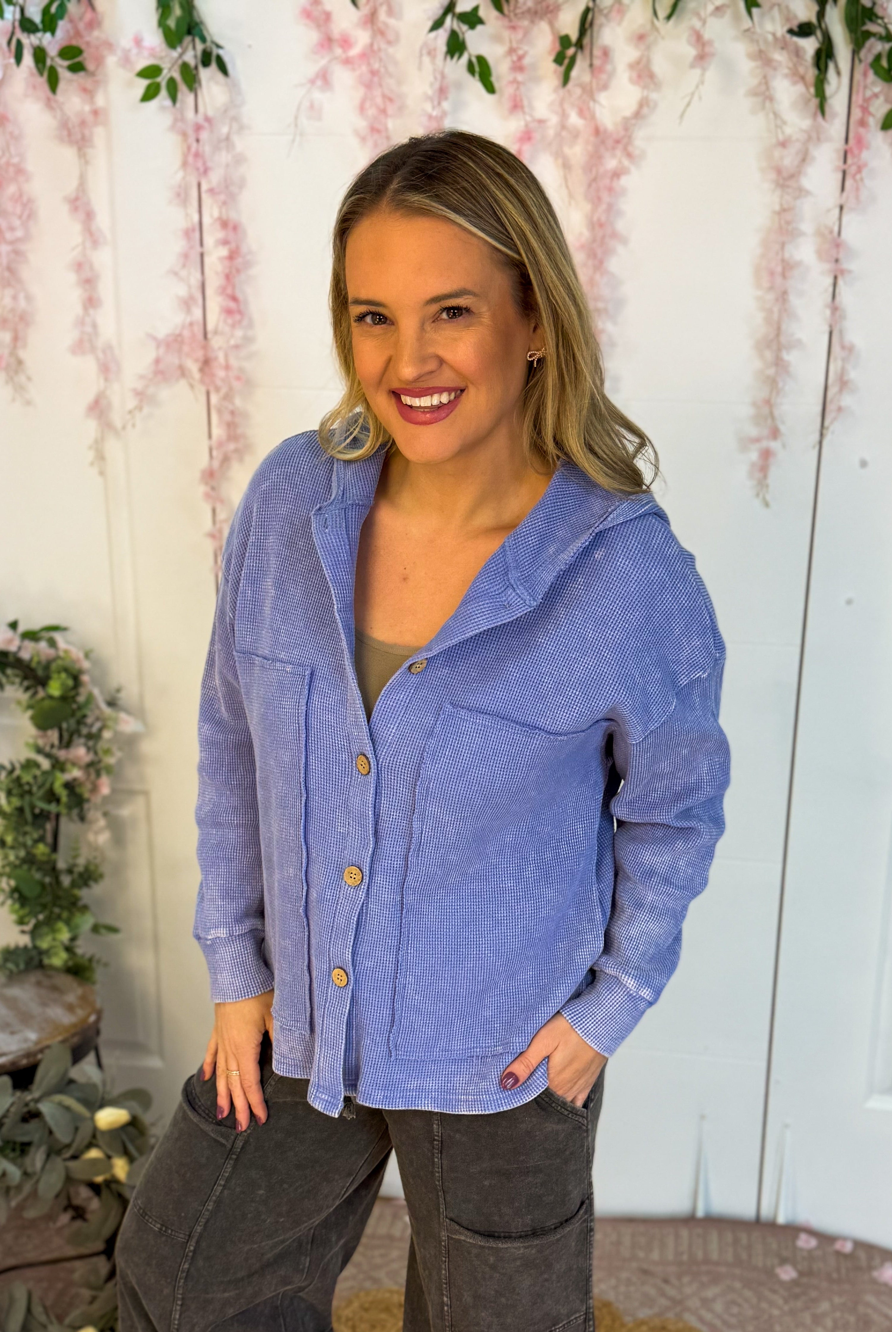 Waffle Knit Hooded Jacket-110 Long Sleeve Top-bibi-The Lovely Closet, Women's Fashion Boutique in Alexandria, KY