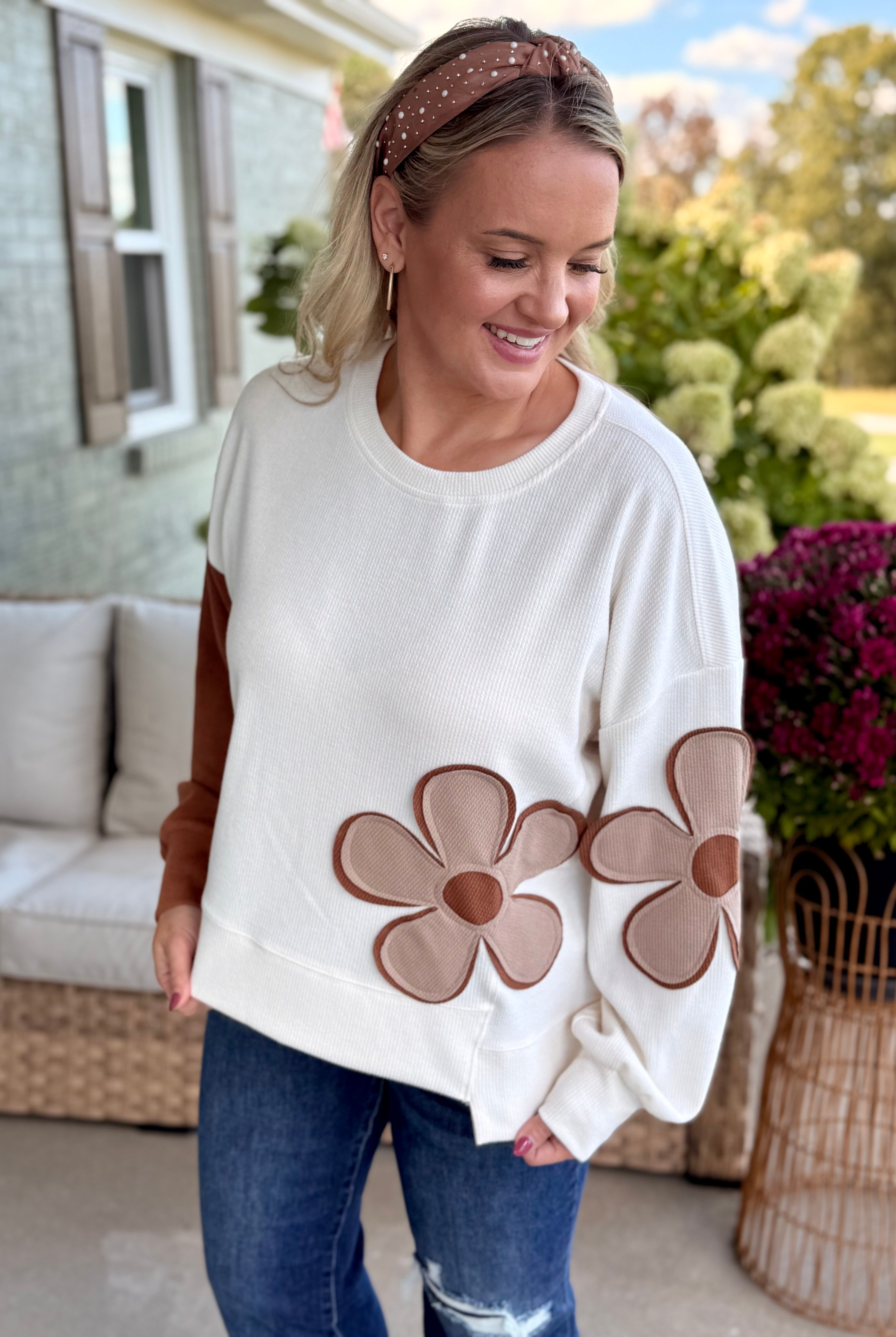 Ribbed Patchwork Flower Top-110 Long Sleeve Top-bibi-The Lovely Closet, Women's Fashion Boutique in Alexandria, KY