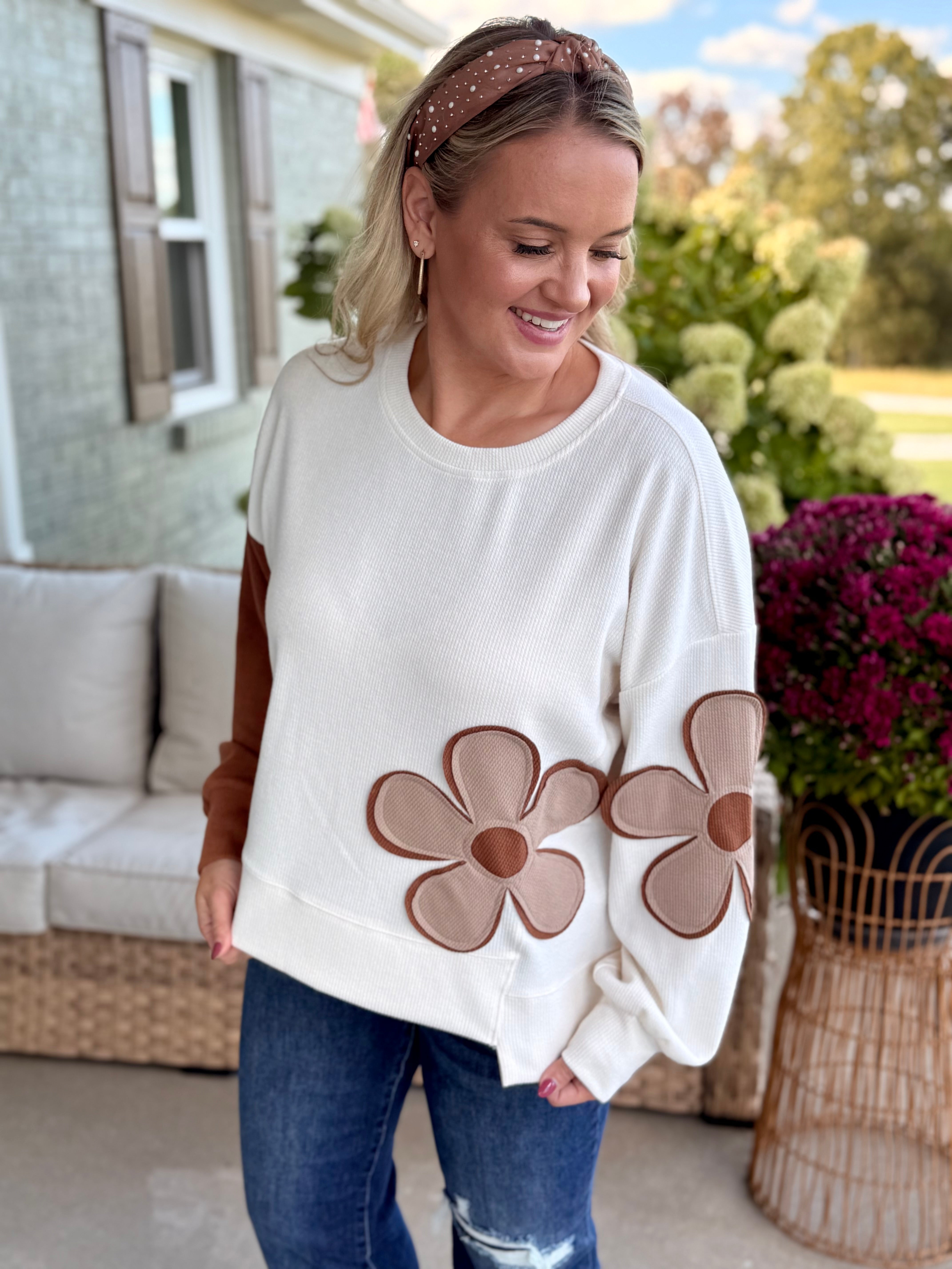 Ribbed Patchwork Flower Top-110 Long Sleeve Top-bibi-The Lovely Closet, Women's Fashion Boutique in Alexandria, KY