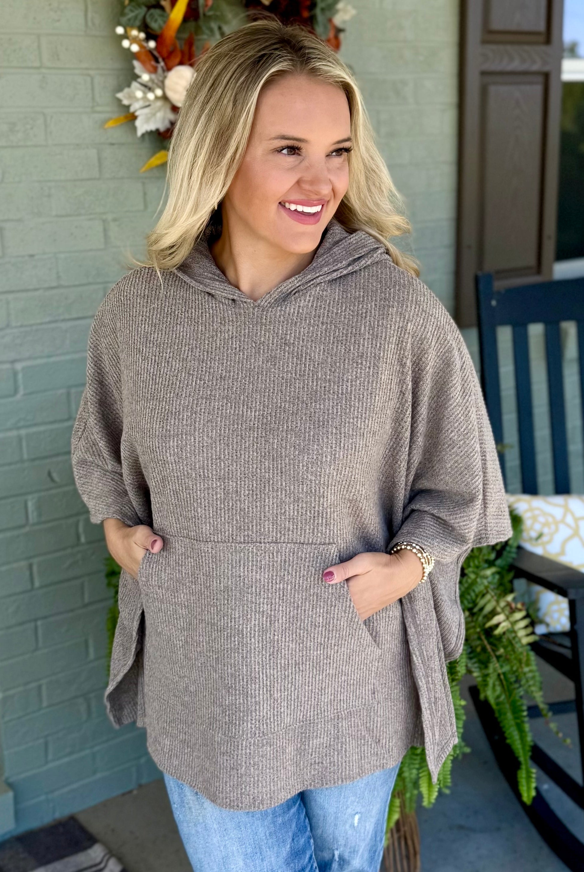FINAL SALE - Ribbed Knit Poncho Top - Stone-170 Jackets/Outerwear-Dear Scarlett-The Lovely Closet, Women's Fashion Boutique in Alexandria, KY
