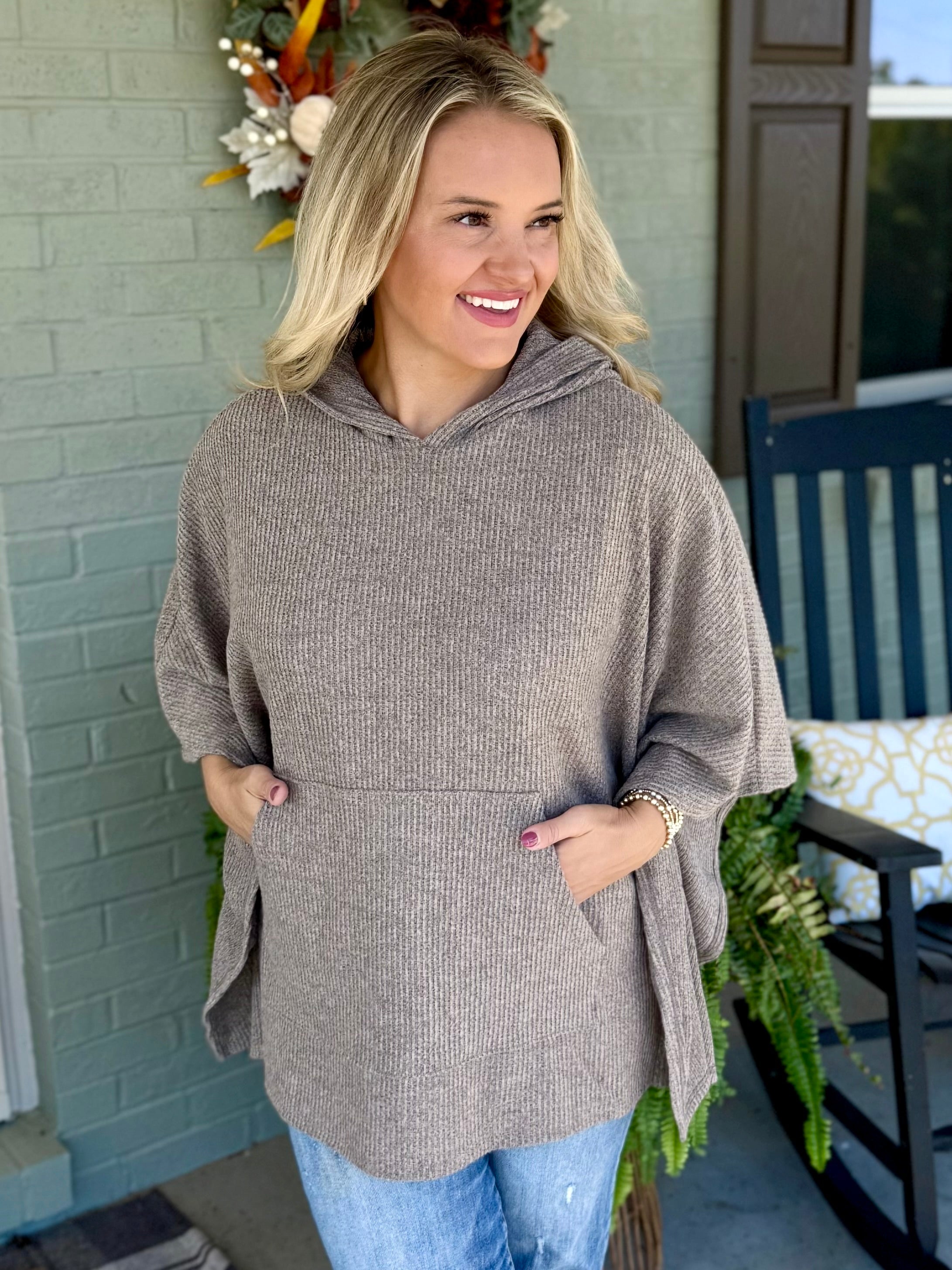 FINAL SALE - Ribbed Knit Poncho Top - Stone-170 Jackets/Outerwear-Dear Scarlett-The Lovely Closet, Women's Fashion Boutique in Alexandria, KY
