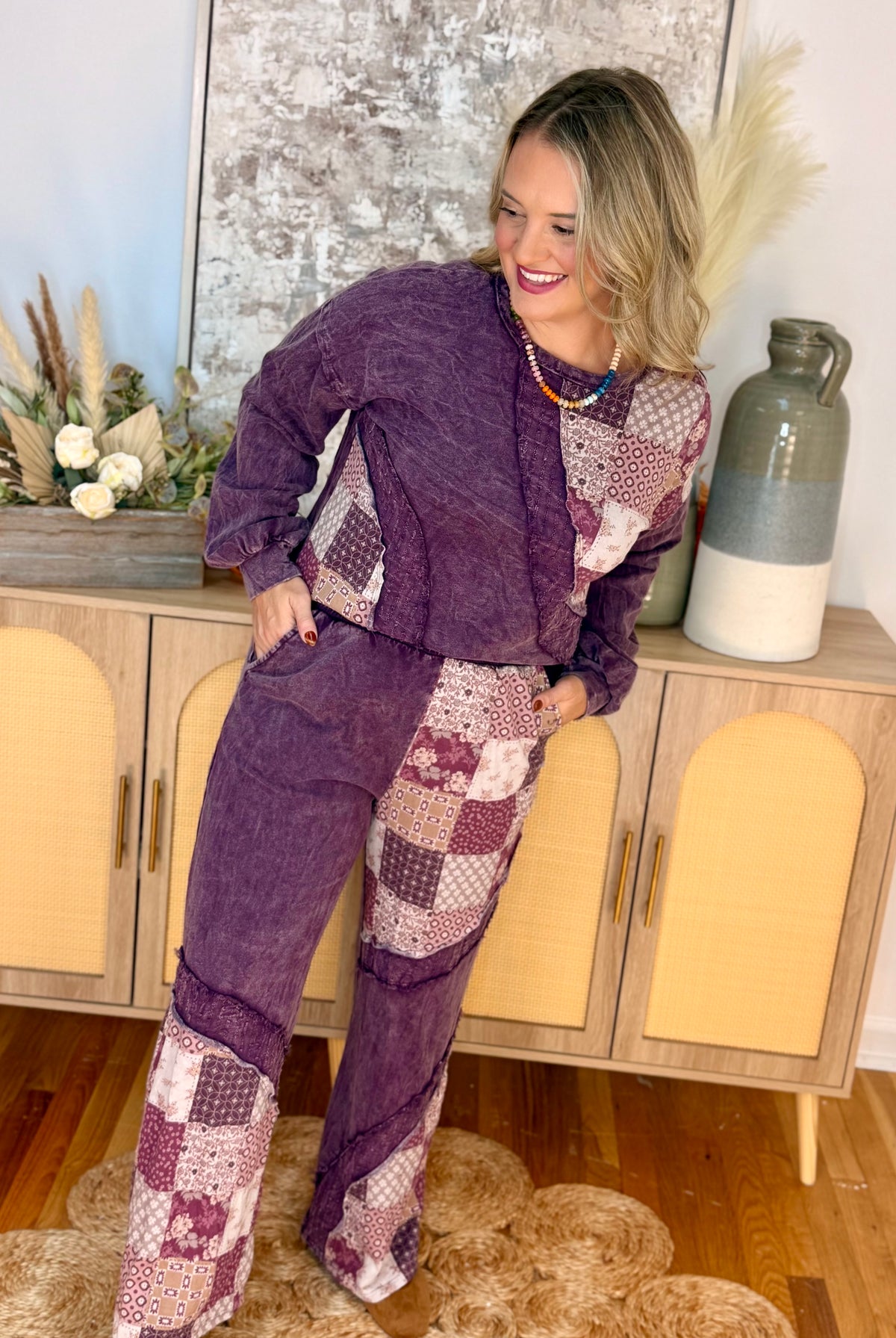 Mineral Wash Patchwork Swirl Pants-240 Pants-jHer-The Lovely Closet, Women's Fashion Boutique in Alexandria, KY