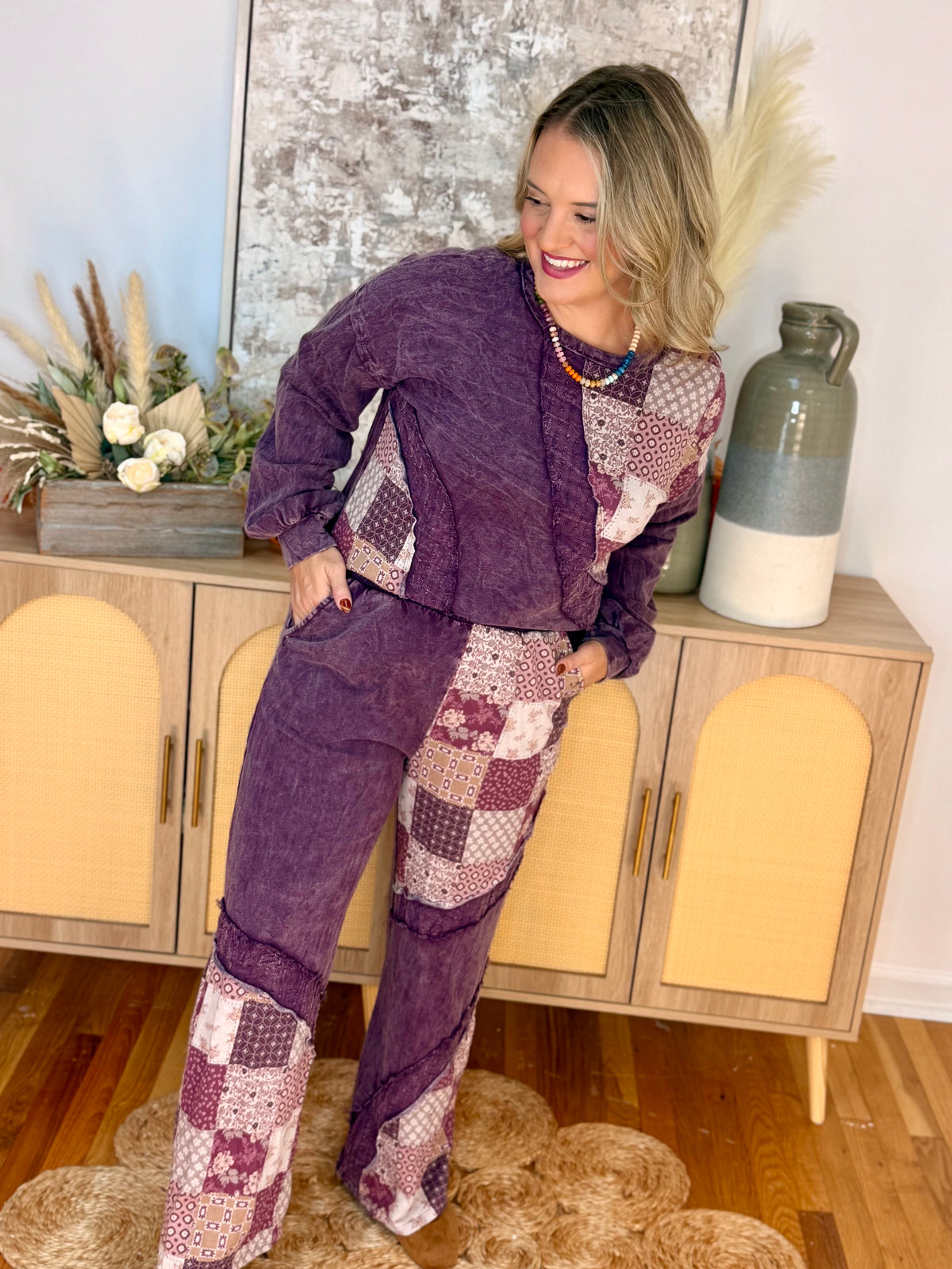 Mineral Wash Patchwork Swirl Pants-240 Pants-jHer-The Lovely Closet, Women's Fashion Boutique in Alexandria, KY