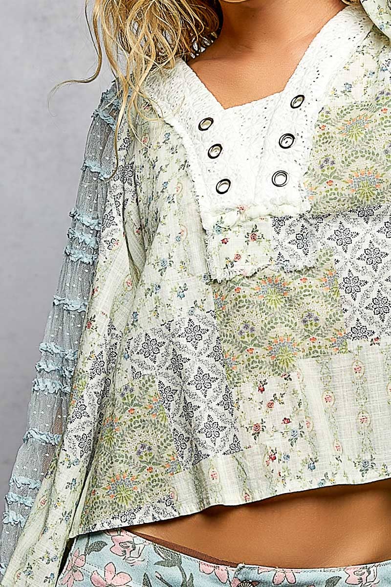 Long Sleeve Lace Contrast Printed Woven Top-110 Long Sleeve Top-Pol Clothing-The Lovely Closet, Women's Fashion Boutique in Alexandria, KY