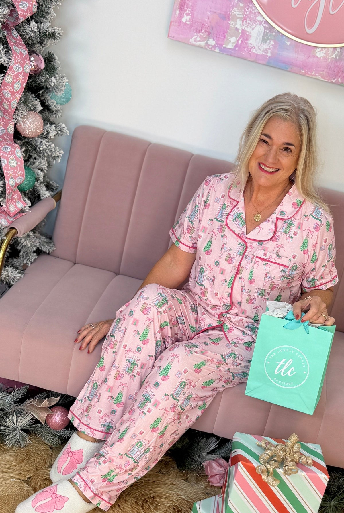 Charlotte Pant Set Women - Christmas Cottage - Pink-190 Rompers/Jumpsuits/Sets-Mary Square-The Lovely Closet, Women's Fashion Boutique in Alexandria, KY