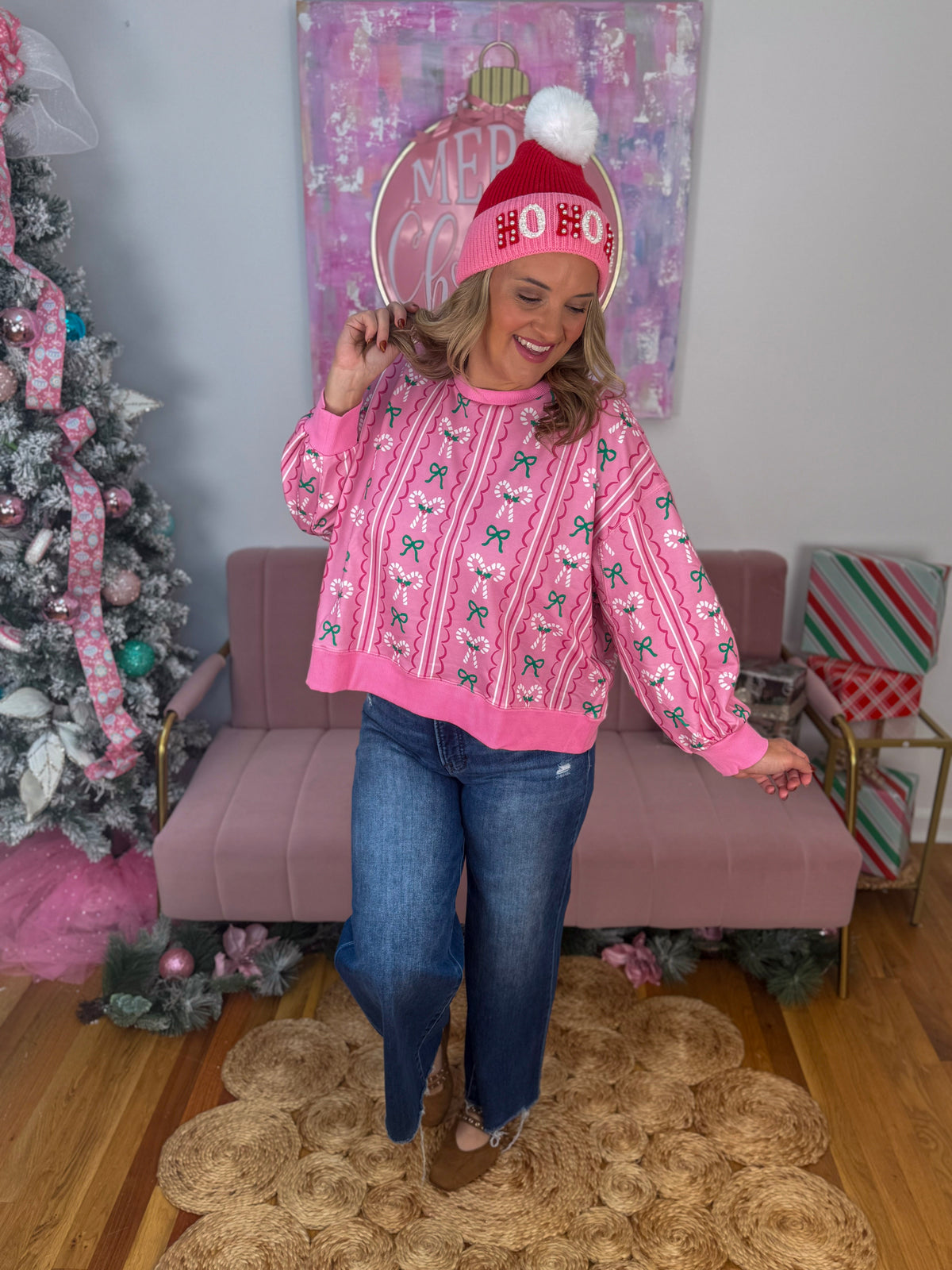 Millie Peppermint Twist Sweatshirt-110 Long Sleeve Top-Mary square-The Lovely Closet, Women's Fashion Boutique in Alexandria, KY