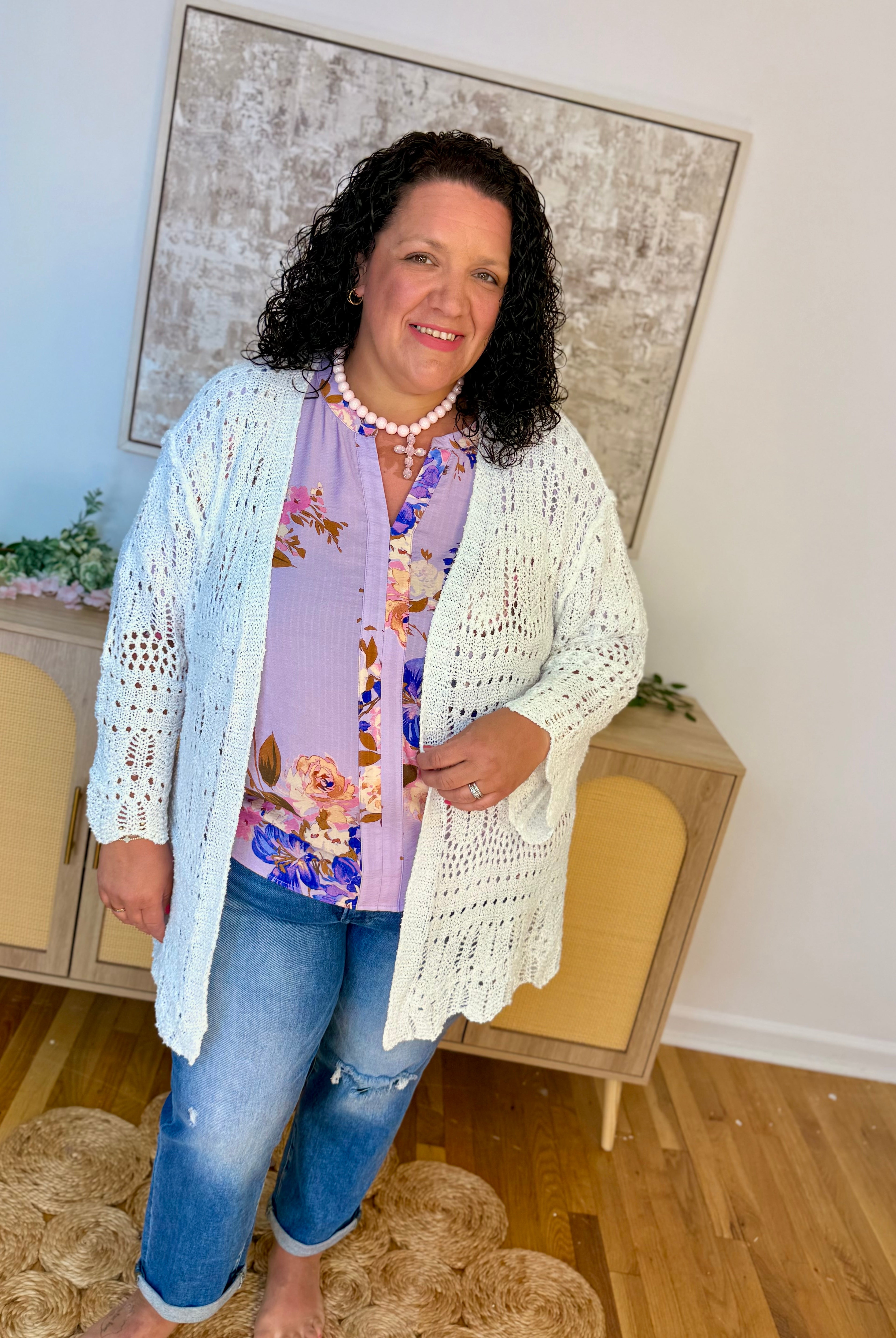 Open Knit Cardigan Sweater - White-160 Cardigan/Kimonos-Pol Clothing-The Lovely Closet, Women's Fashion Boutique in Alexandria, KY