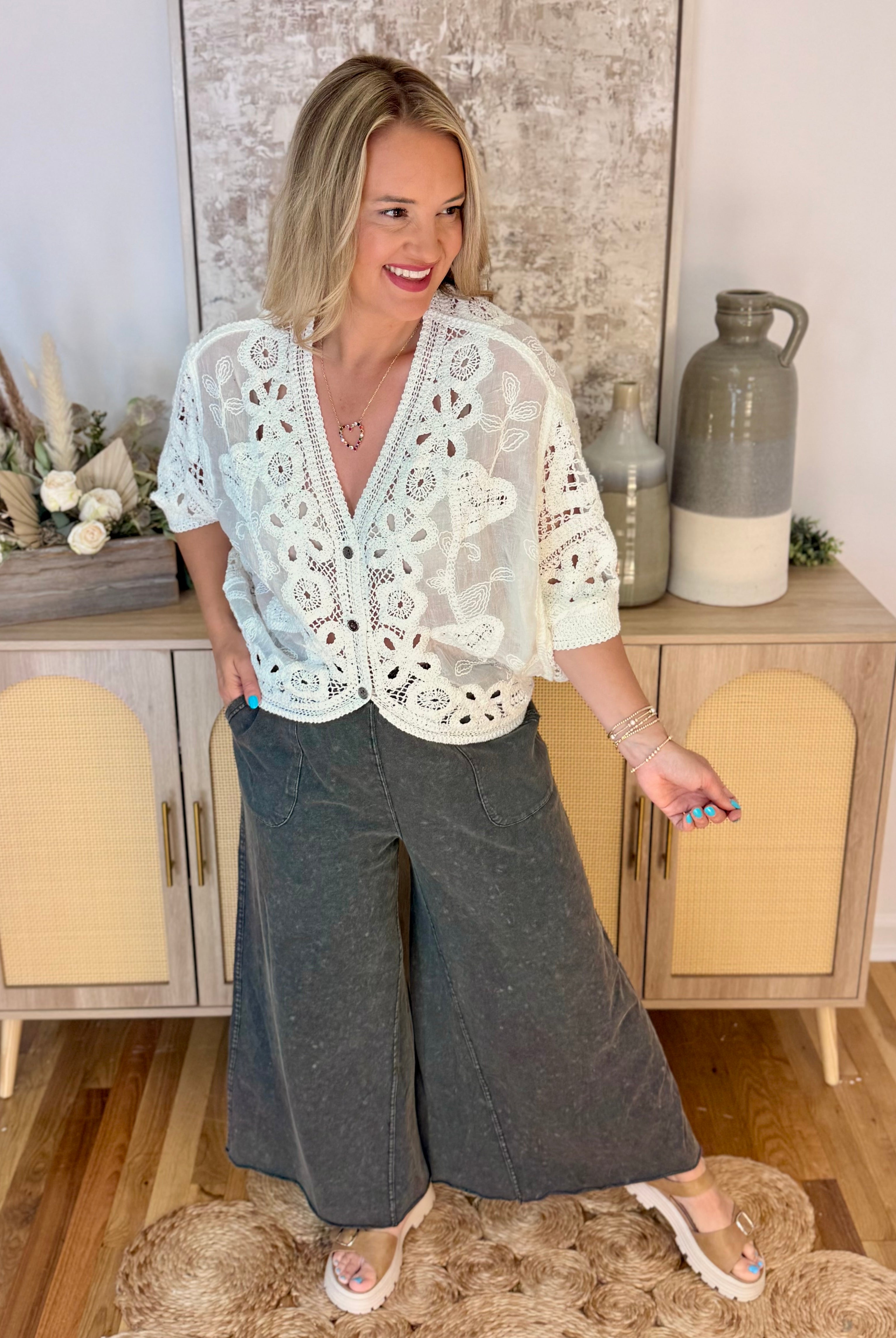 Crochet Cardigan - Cream - One Size-160 Cardigan/Kimonos-Pol Clothing-The Lovely Closet, Women's Fashion Boutique in Alexandria, KY