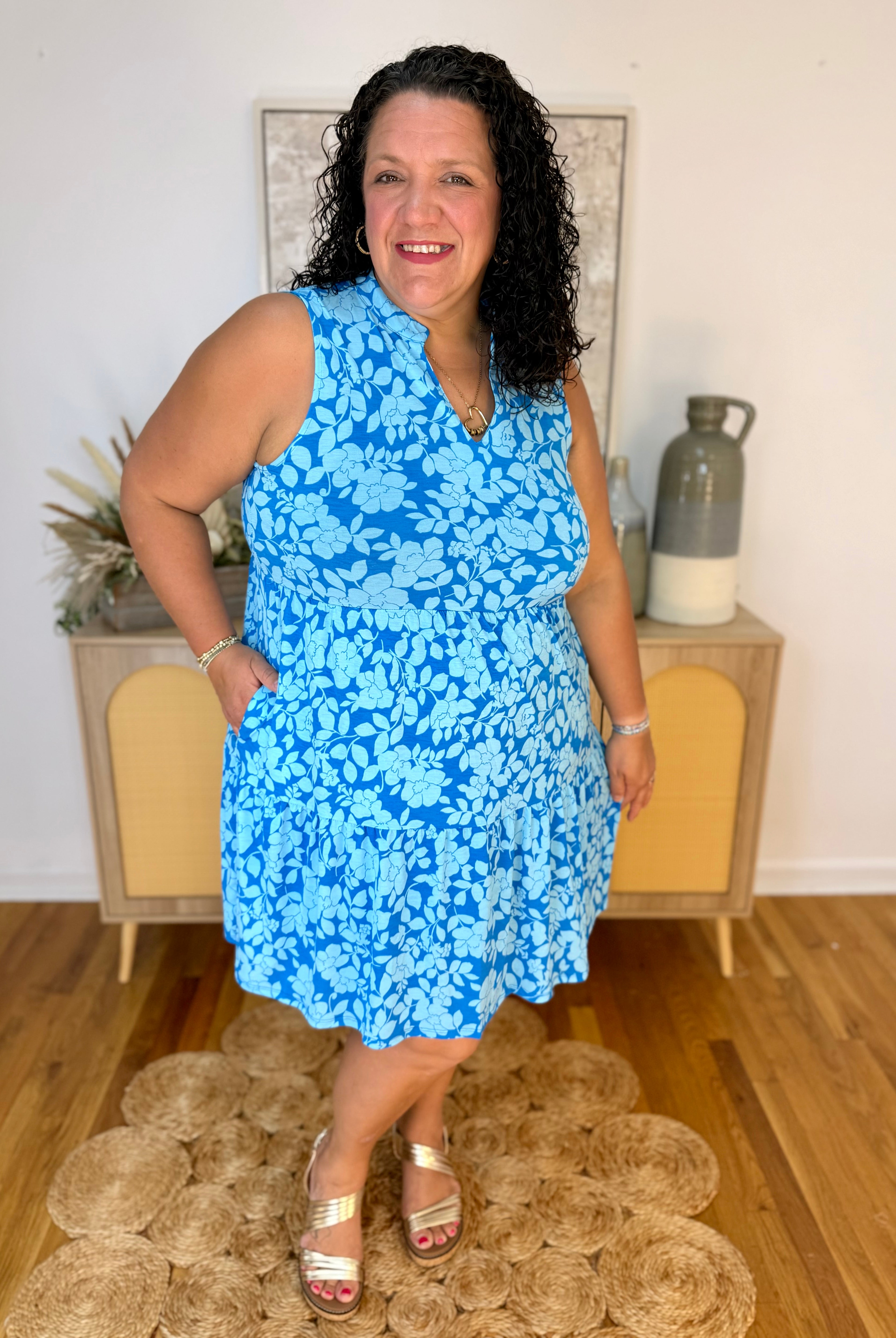 Coastal Blue Floral Lizzy Dress-180 Dresses-Dear Scarlett-The Lovely Closet, Women's Fashion Boutique in Alexandria, KY