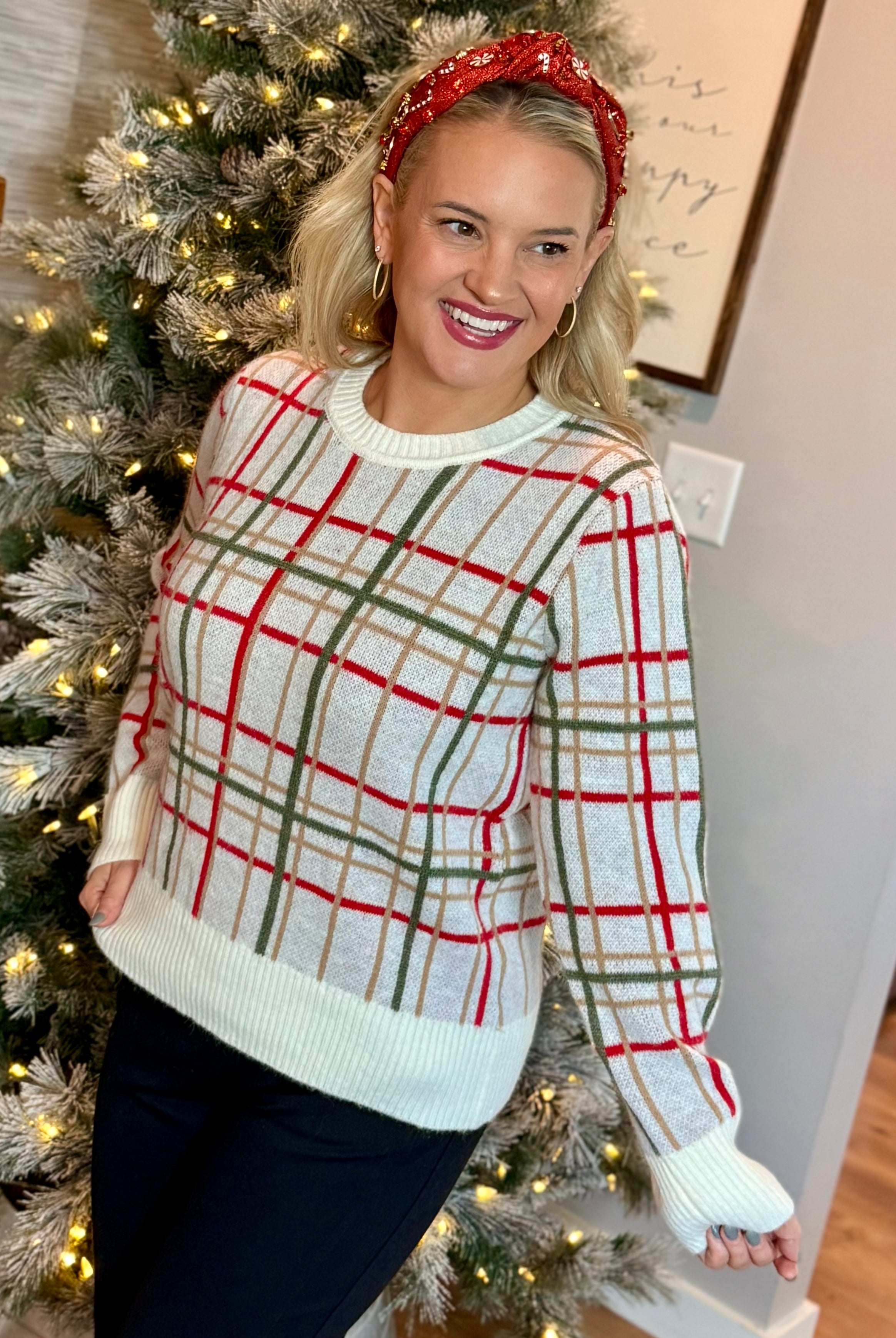 Christmas Plaid Sweater-140 Sweaters-Bibi-The Lovely Closet, Women's Fashion Boutique in Alexandria, KY