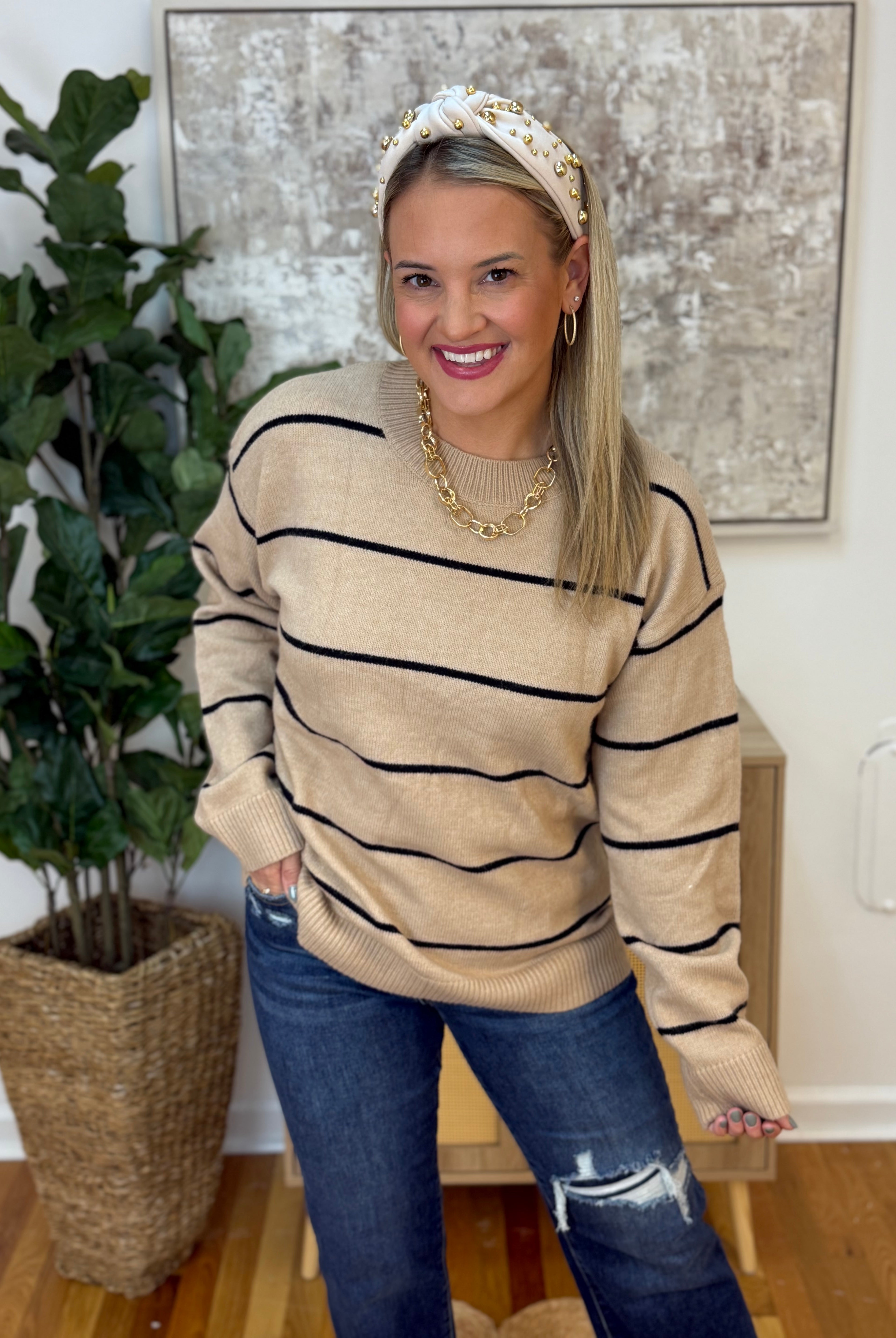 Loose Fit Stripe Crewneck Sweater-140 Sweaters-La Miel-The Lovely Closet, Women's Fashion Boutique in Alexandria, KY