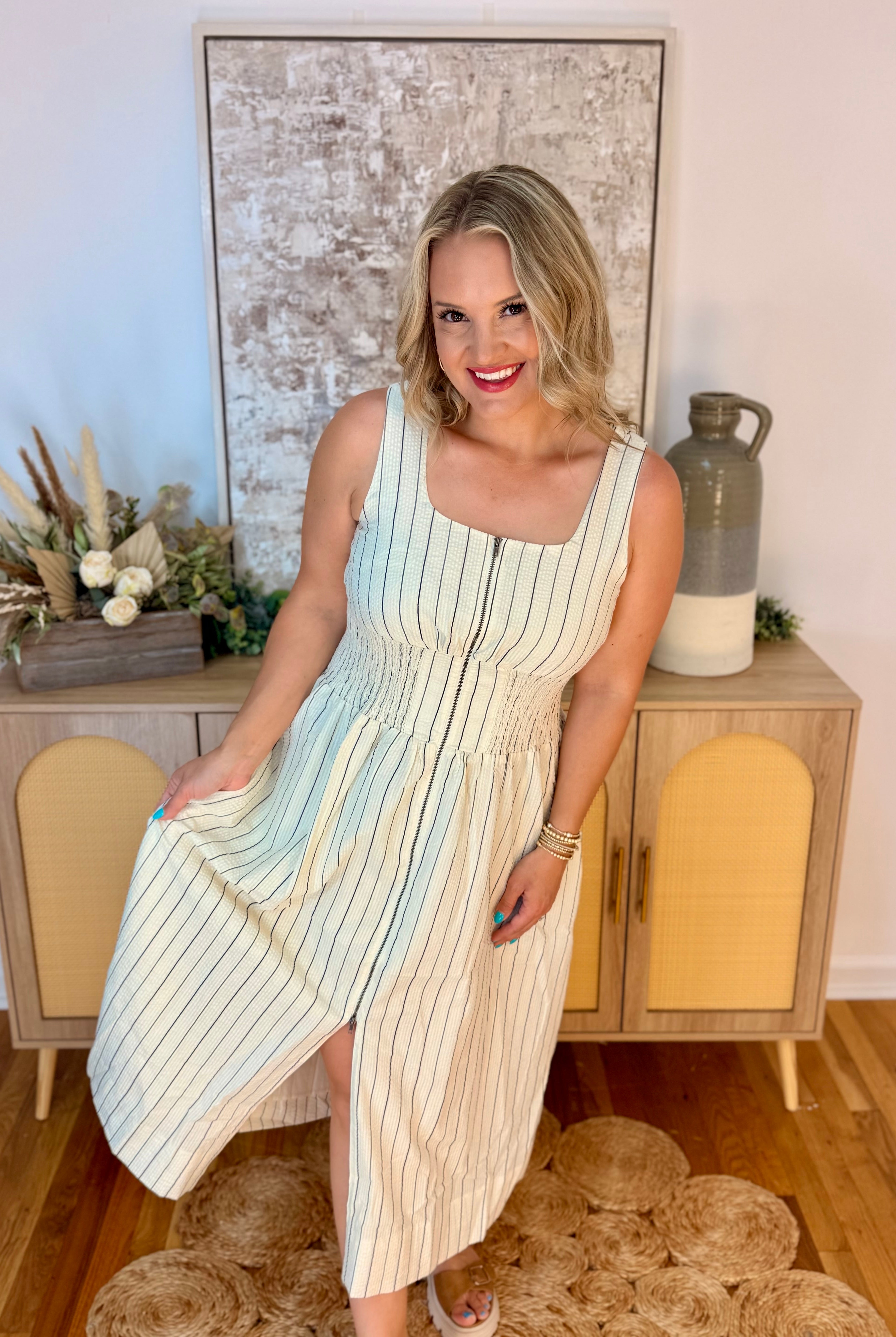 Neutral Zone Zip Front Midi Dress-180 Dresses-Doe and Rae-The Lovely Closet, Women's Fashion Boutique in Alexandria, KY