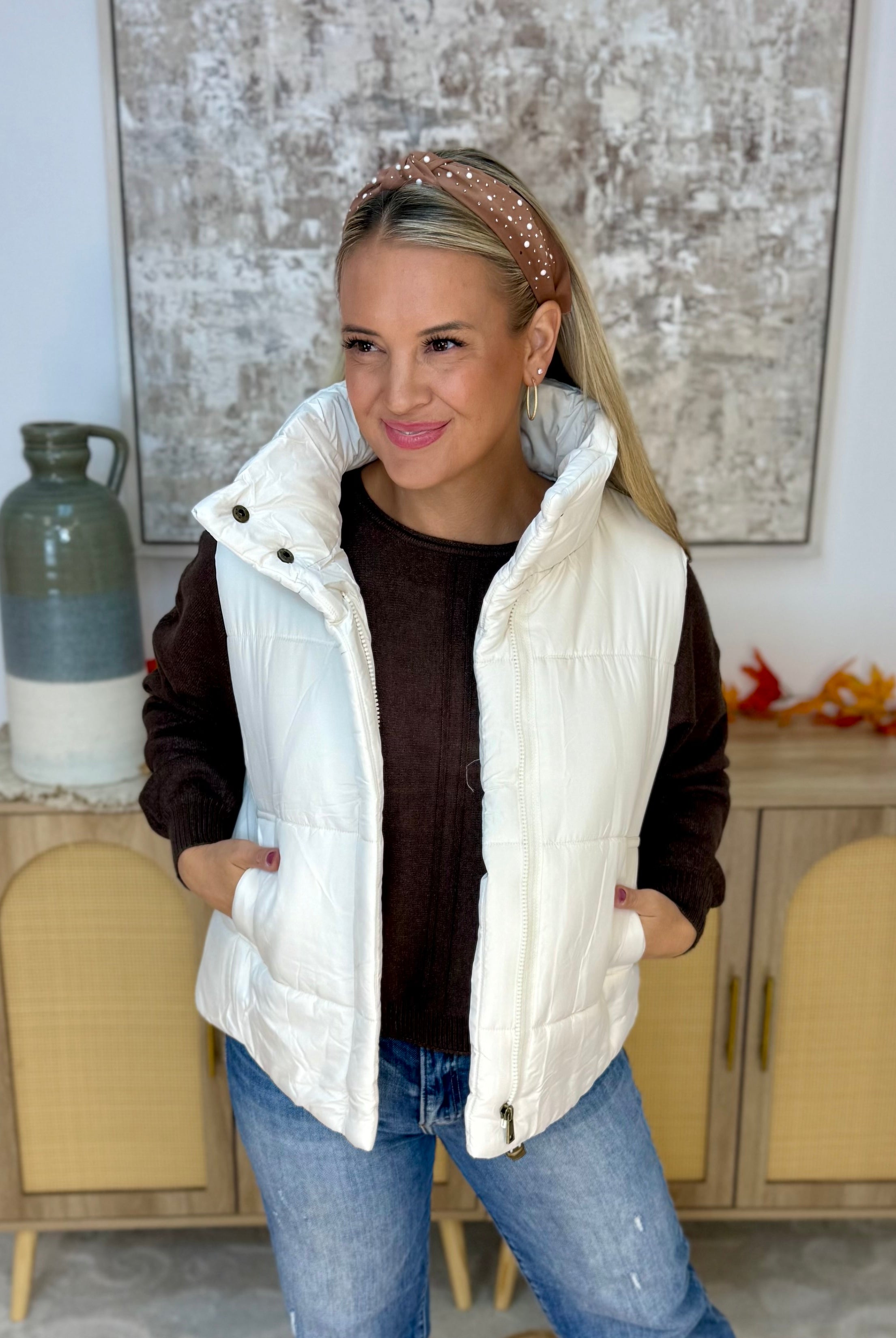 Weekend Puffer Vest - Cream-170 Jackets/Outerwear-zenana-The Lovely Closet, Women's Fashion Boutique in Alexandria, KY