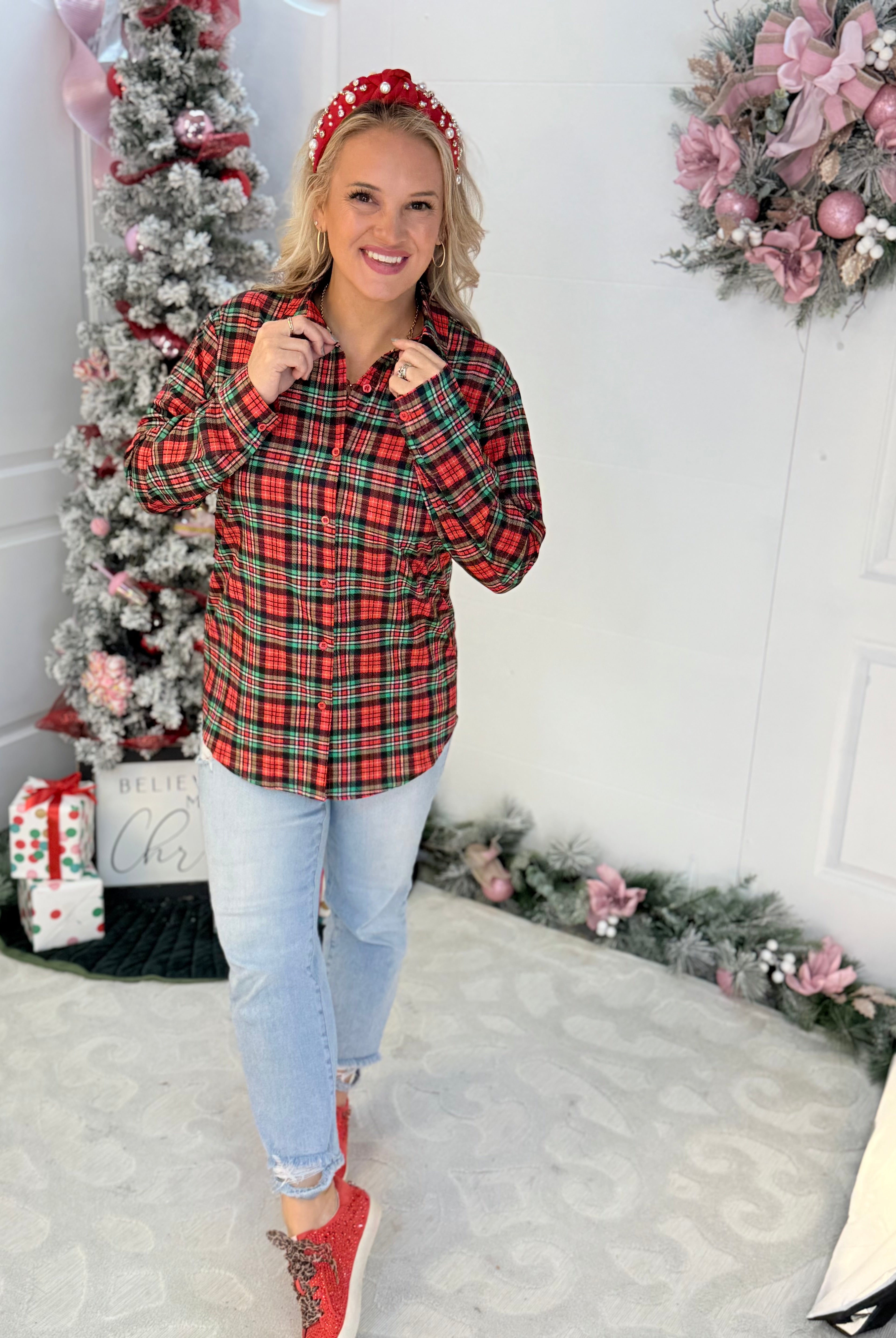 Jess Lea - Nina Button Up Tunic - Christmas Plaid-110 Long Sleeve Top-Jess Lea-The Lovely Closet, Women's Fashion Boutique in Alexandria, KY