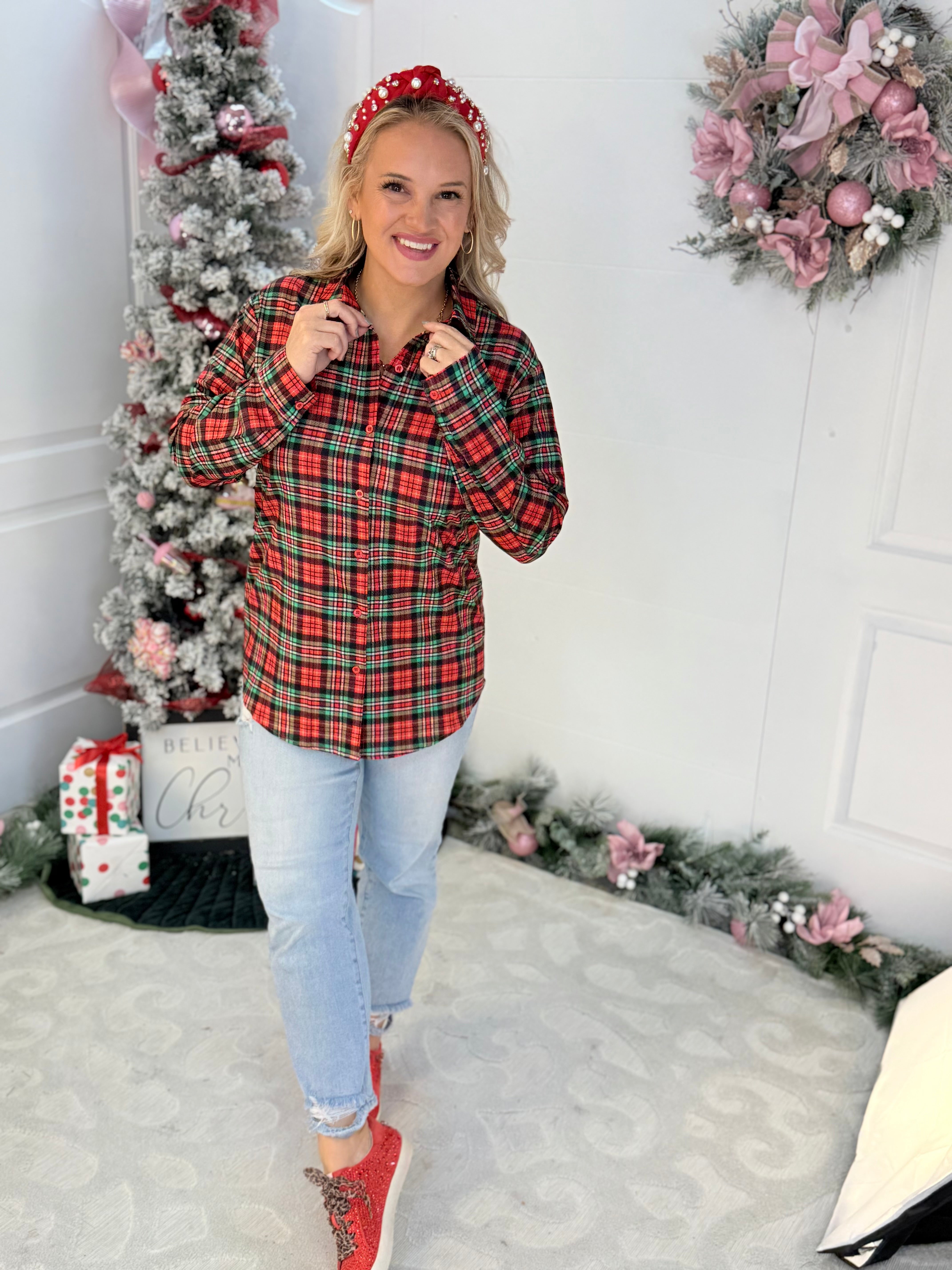 Jess Lea - Nina Button Up Tunic - Christmas Plaid-110 Long Sleeve Top-Jess Lea-The Lovely Closet, Women's Fashion Boutique in Alexandria, KY