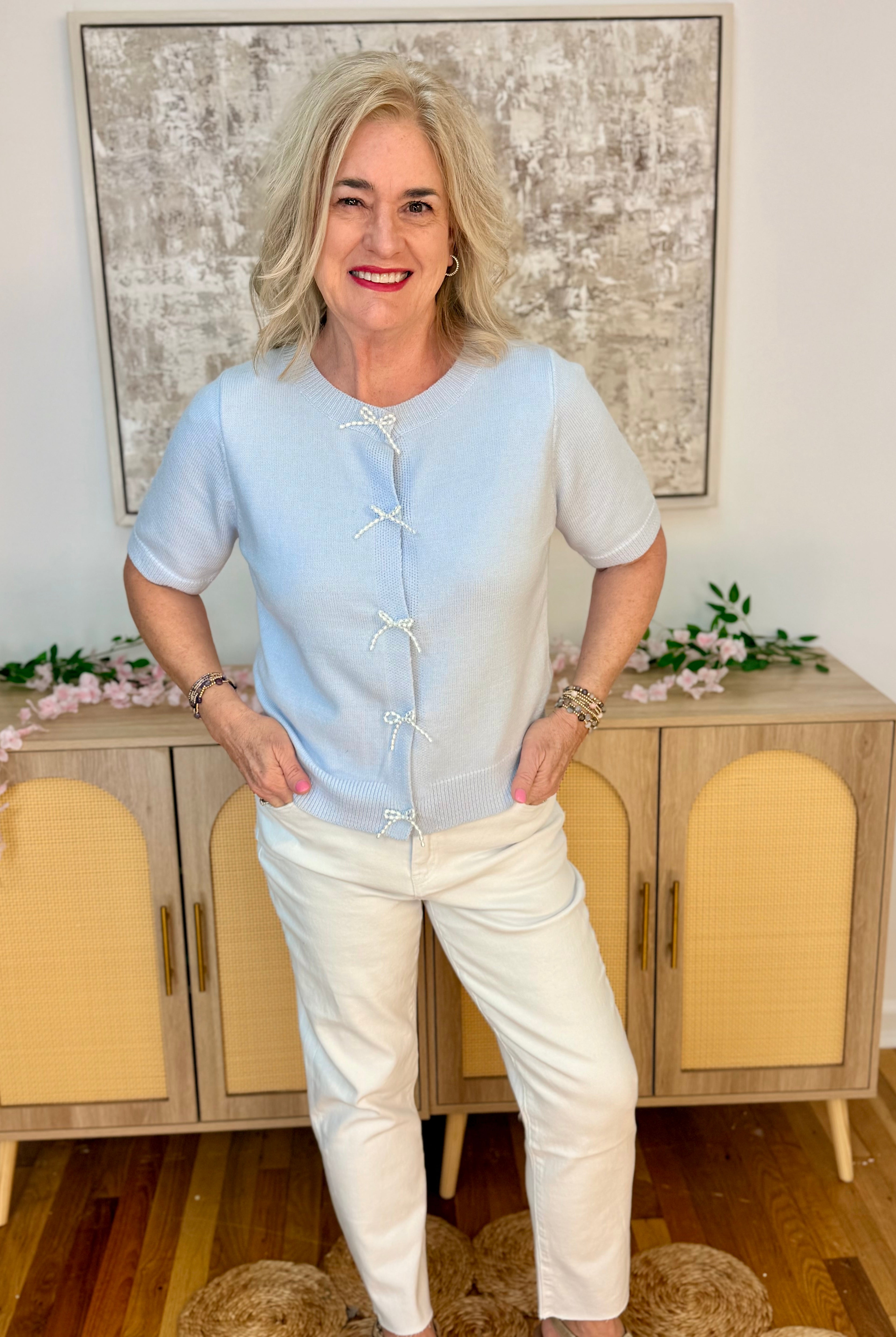 Dainty Pearl Bow Cardigan - Lt. Blue-160 Cardigan/Kimonos-Doe and Rae-The Lovely Closet, Women's Fashion Boutique in Alexandria, KY