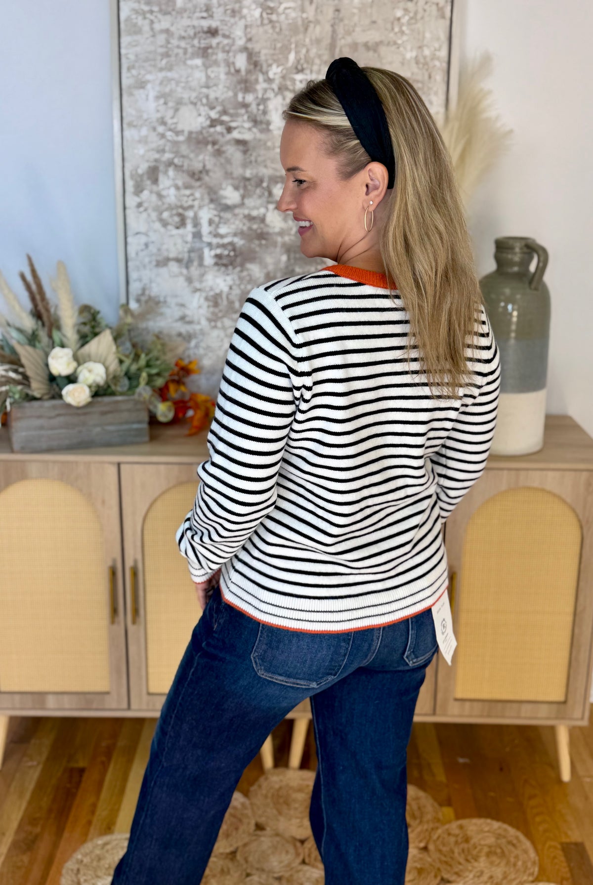 Orange Trim Striped Cardigan-110 Long Sleeve Top-Staccato-The Lovely Closet, Women's Fashion Boutique in Alexandria, KY