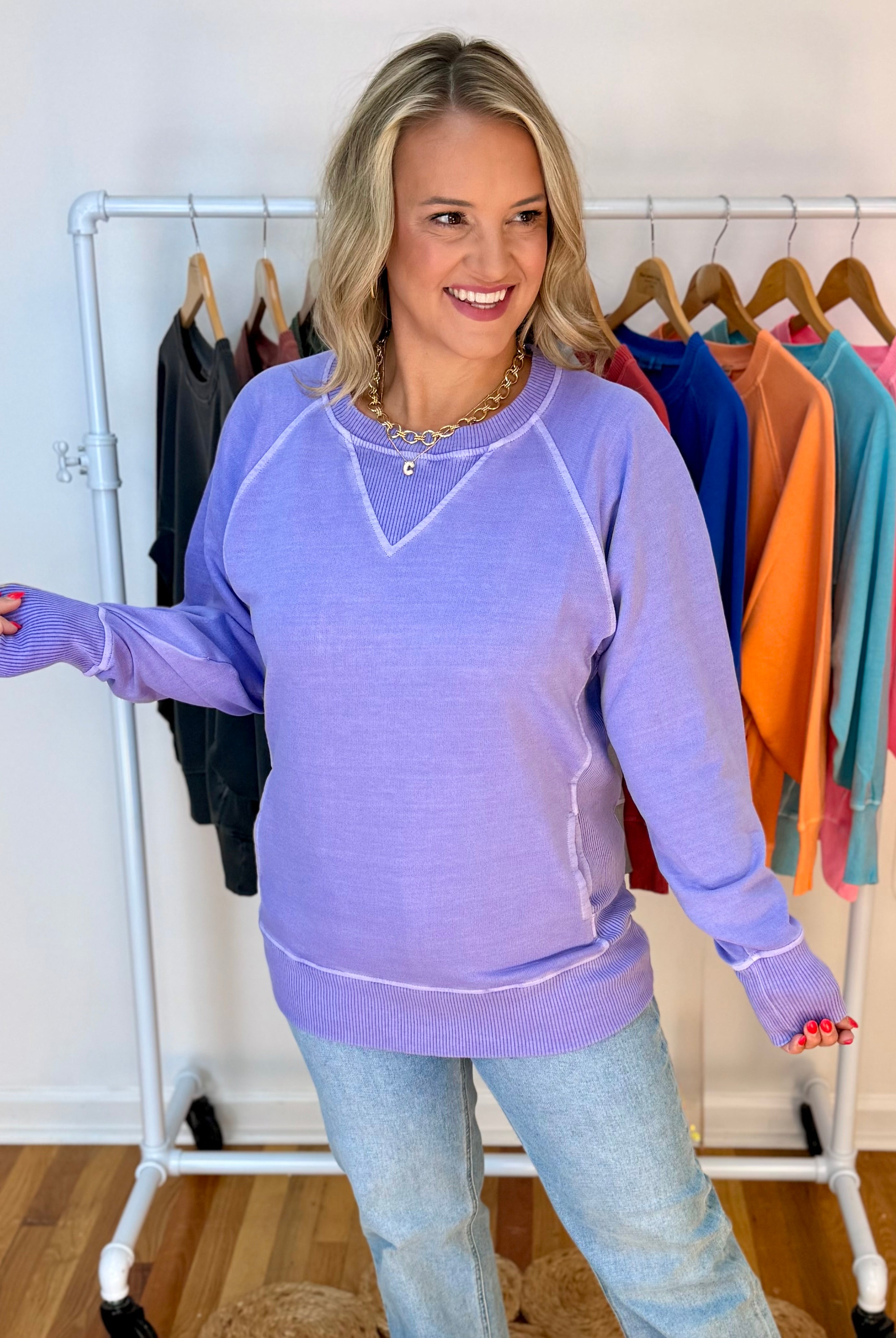 Keeping it Casual Pullover 2026 - Lavender-150 Sweatshirts-zenana-The Lovely Closet, Women's Fashion Boutique in Alexandria, KY