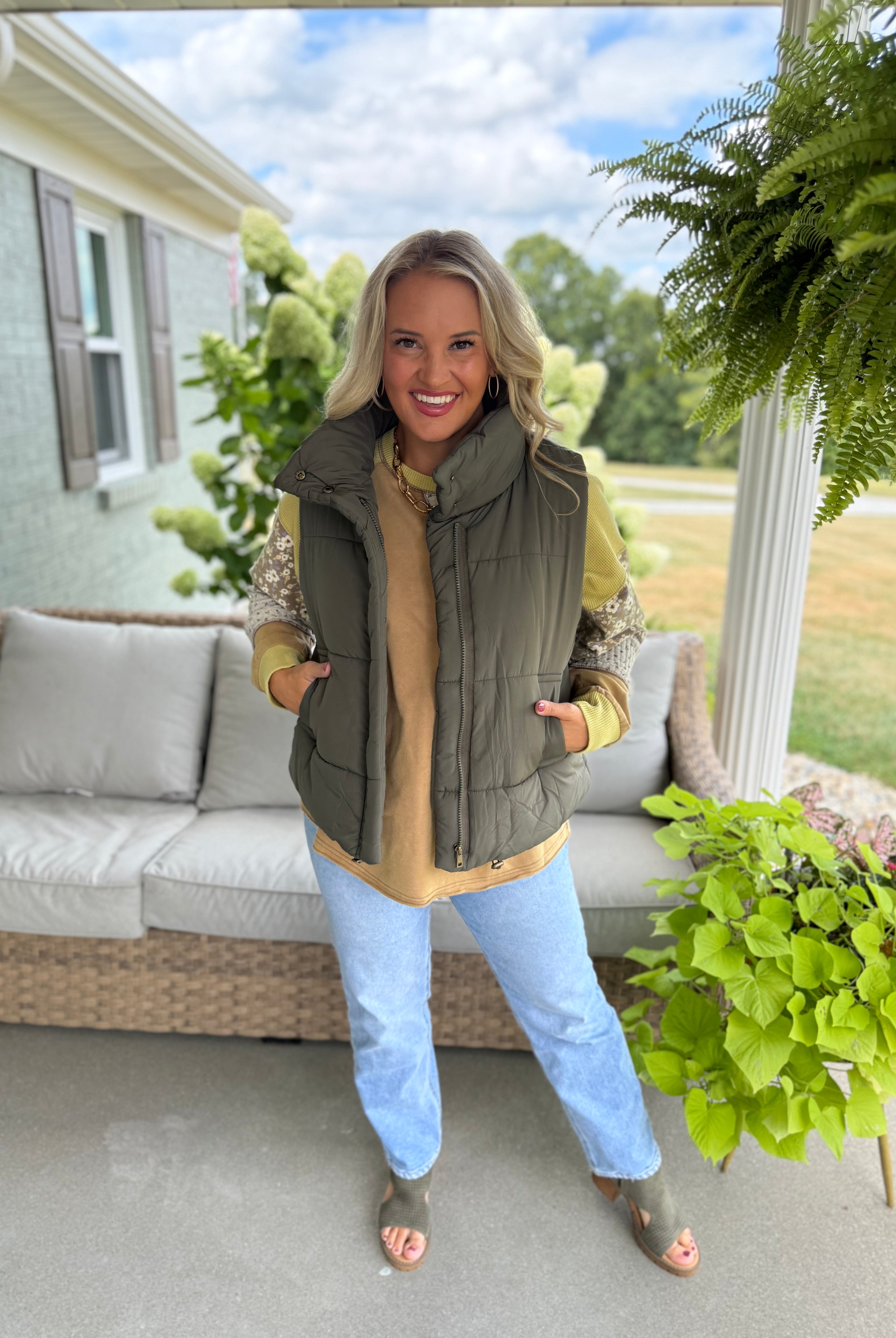 Weekend Puffer Vest - Olive-170 Jackets/Outerwear-zenana-The Lovely Closet, Women's Fashion Boutique in Alexandria, KY