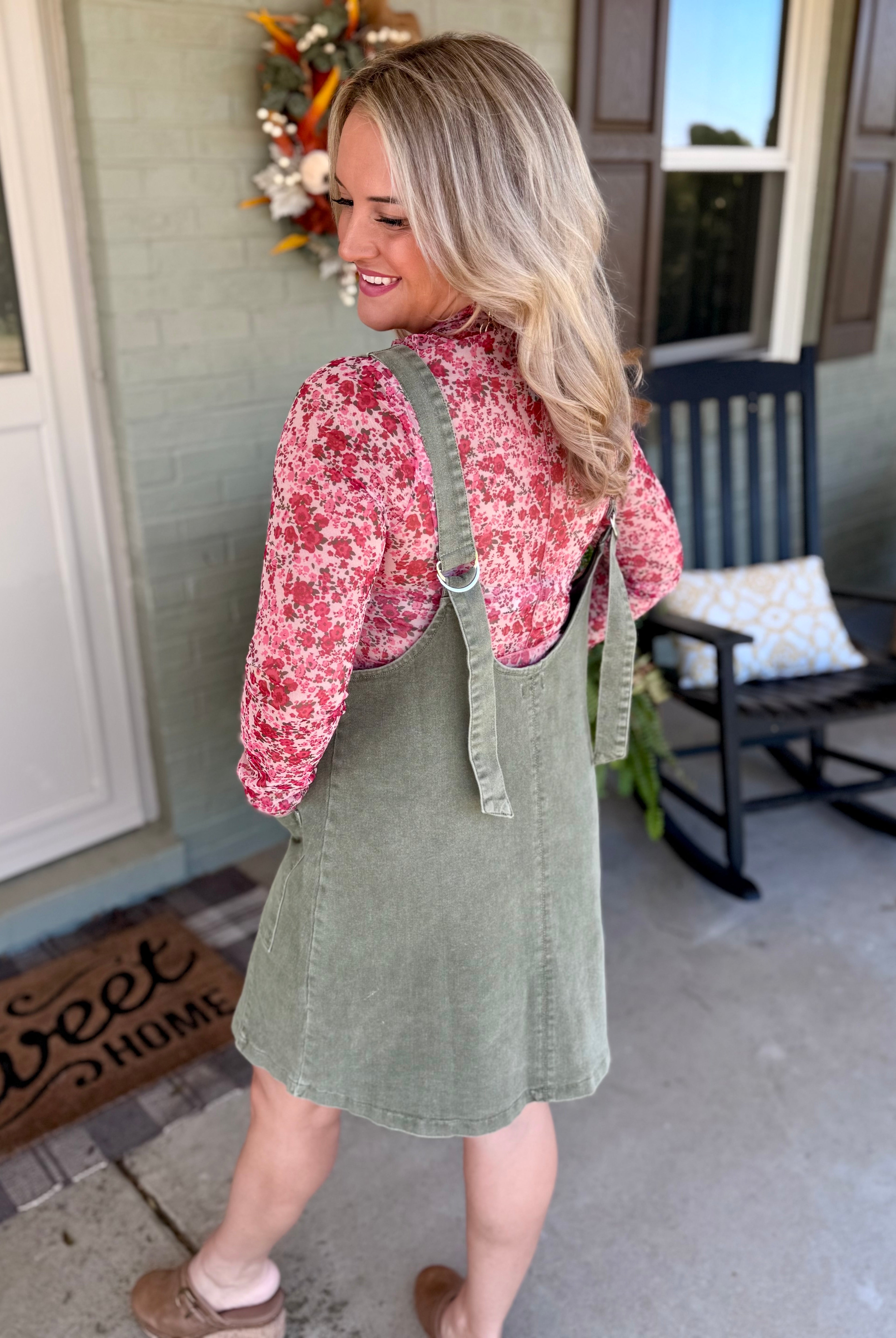 Maple Lane Overall Mini Dress - Olive-180 Dresses-Anniewear-The Lovely Closet, Women's Fashion Boutique in Alexandria, KY
