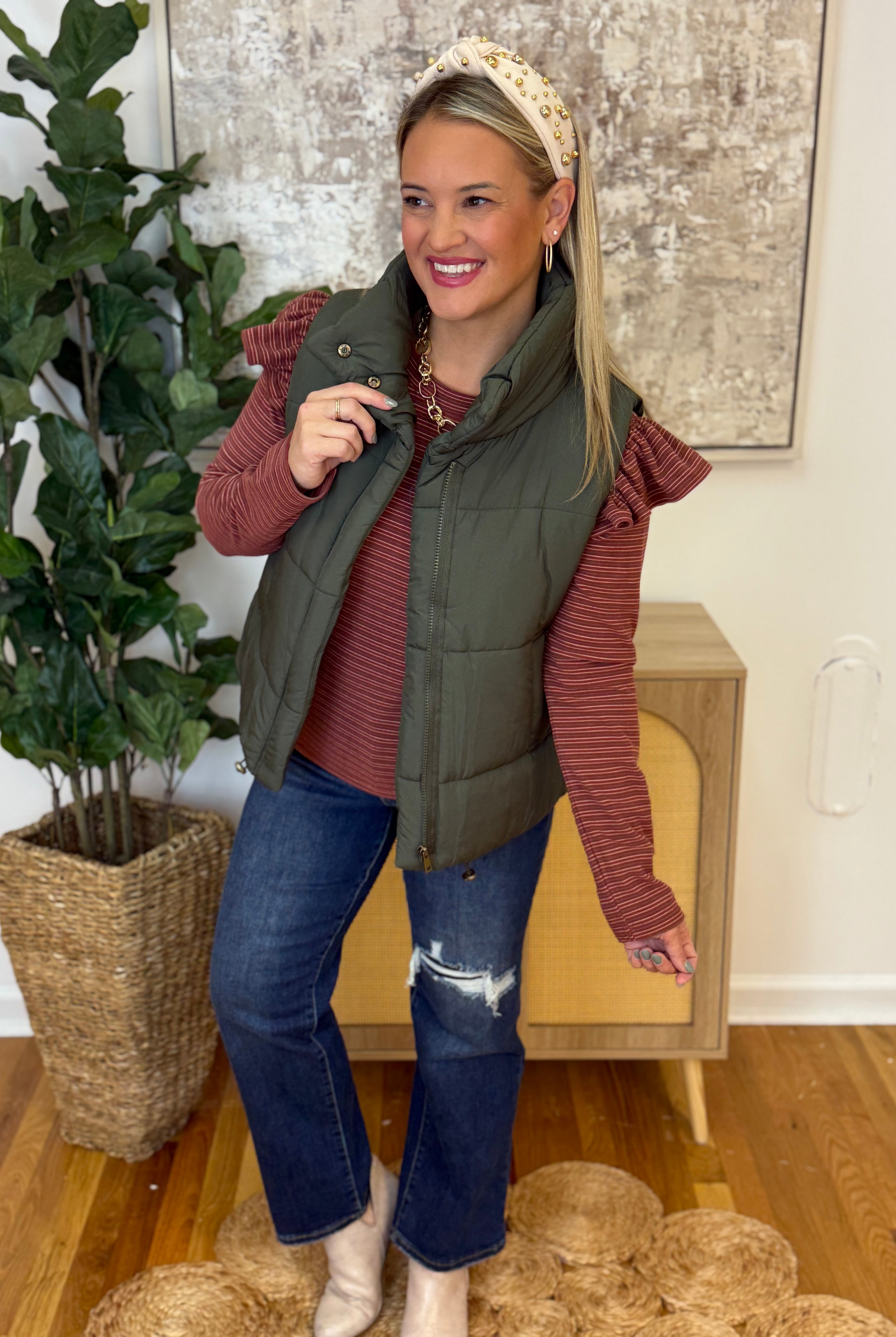 Weekend Puffer Vest - Olive-170 Jackets/Outerwear-zenana-The Lovely Closet, Women's Fashion Boutique in Alexandria, KY