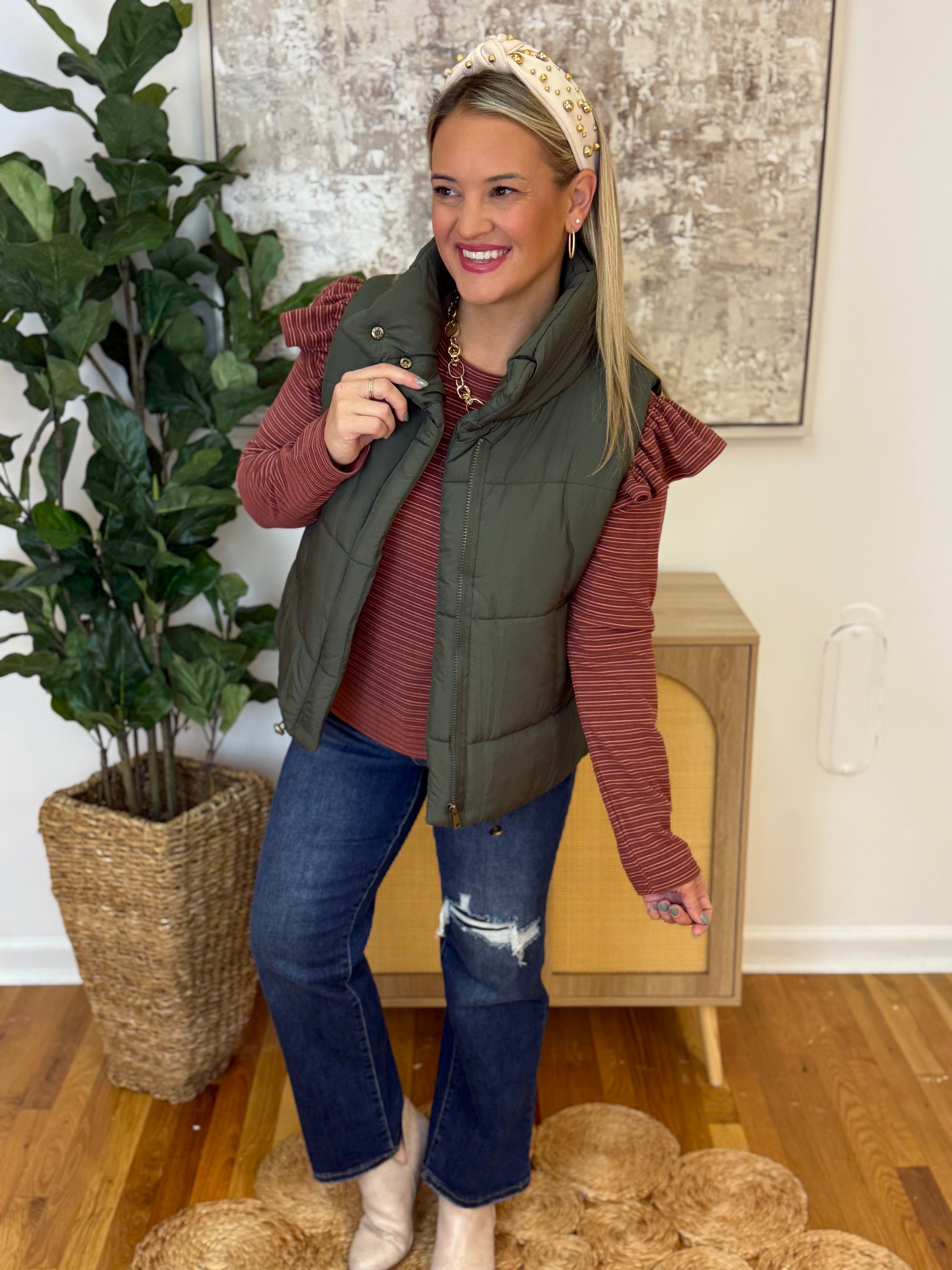Weekend Puffer Vest - Olive-170 Jackets/Outerwear-zenana-The Lovely Closet, Women's Fashion Boutique in Alexandria, KY