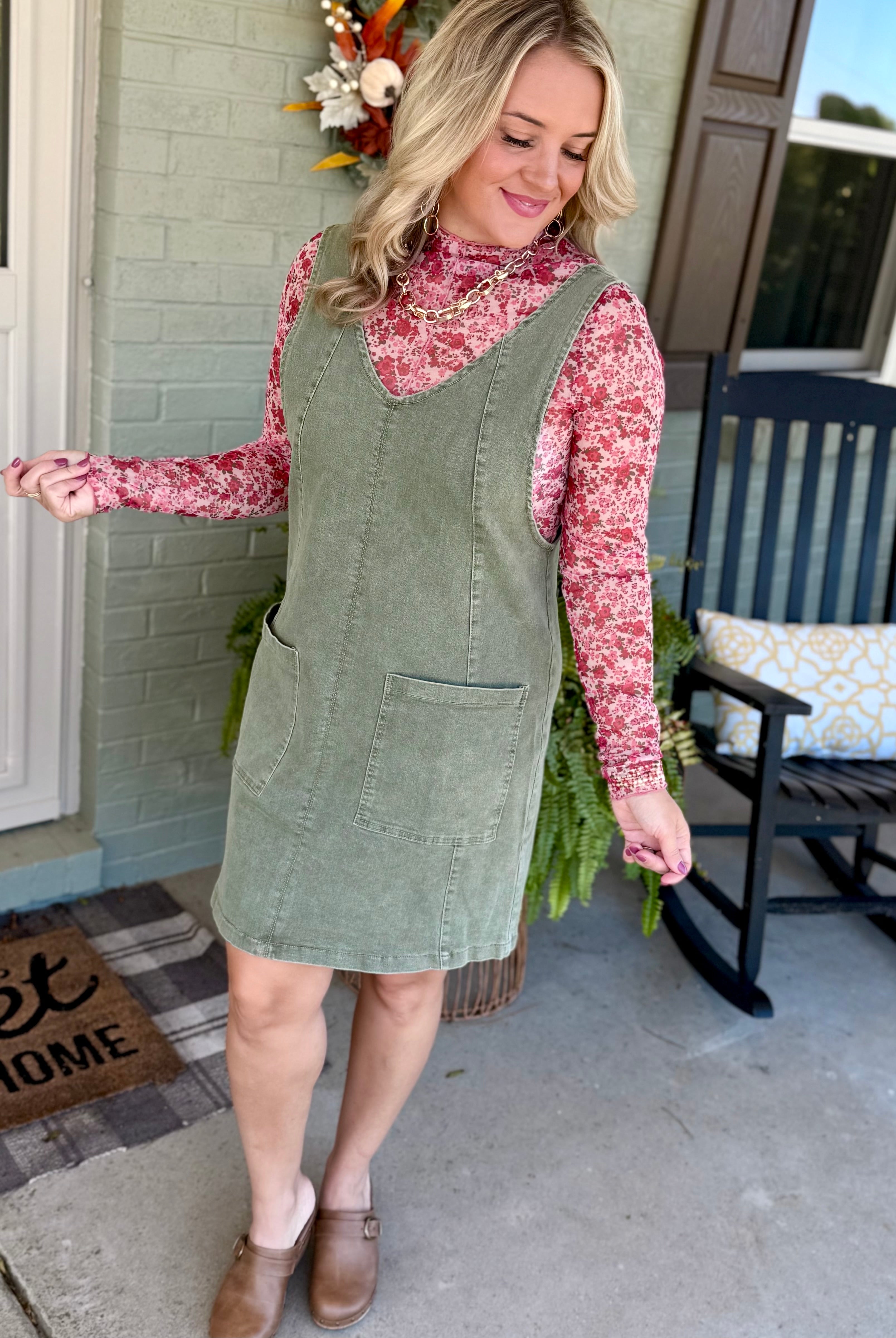 Maple Lane Overall Mini Dress - Olive-180 Dresses-Anniewear-The Lovely Closet, Women's Fashion Boutique in Alexandria, KY