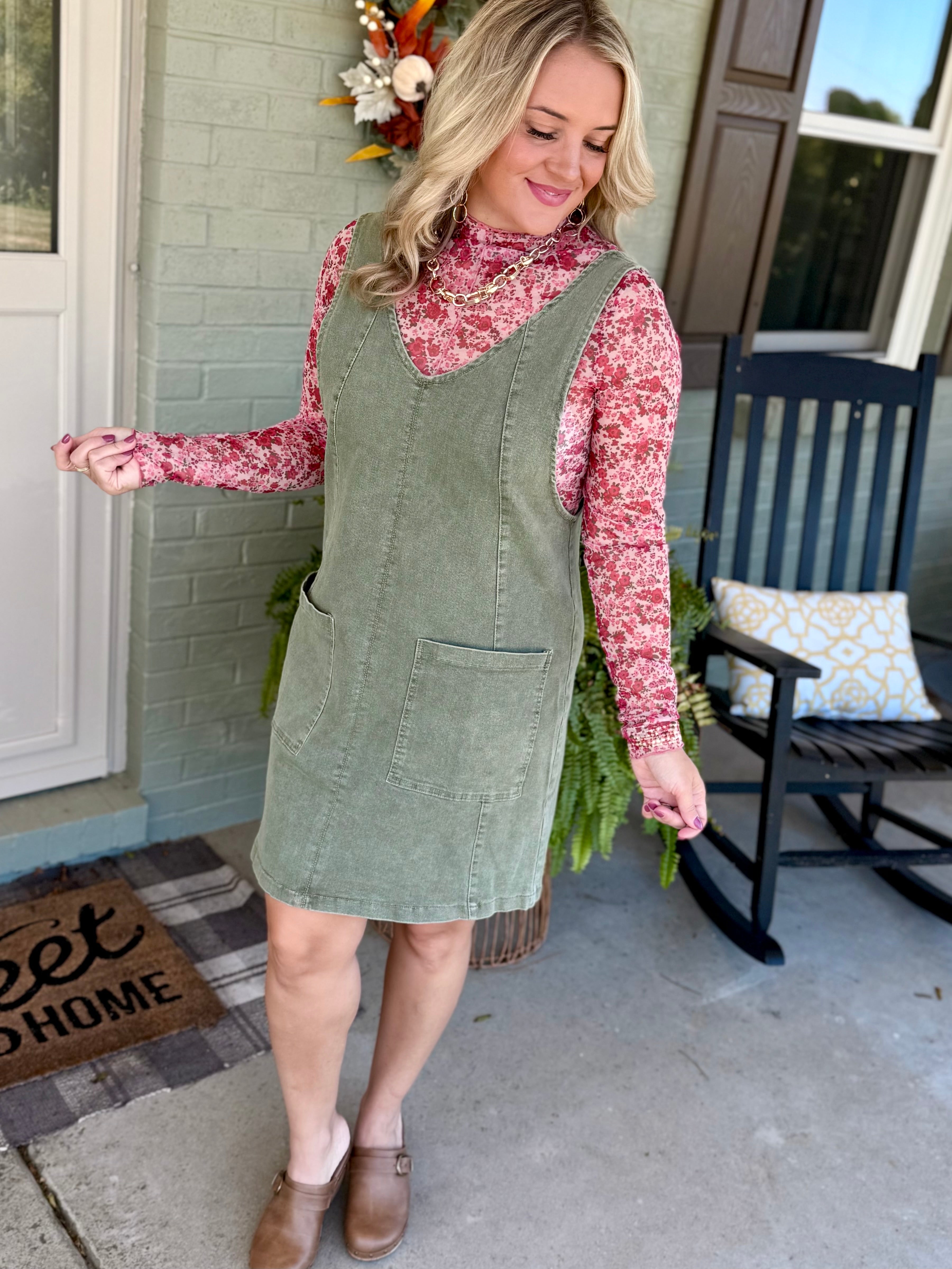 Maple Lane Overall Mini Dress - Olive-180 Dresses-Anniewear-The Lovely Closet, Women's Fashion Boutique in Alexandria, KY