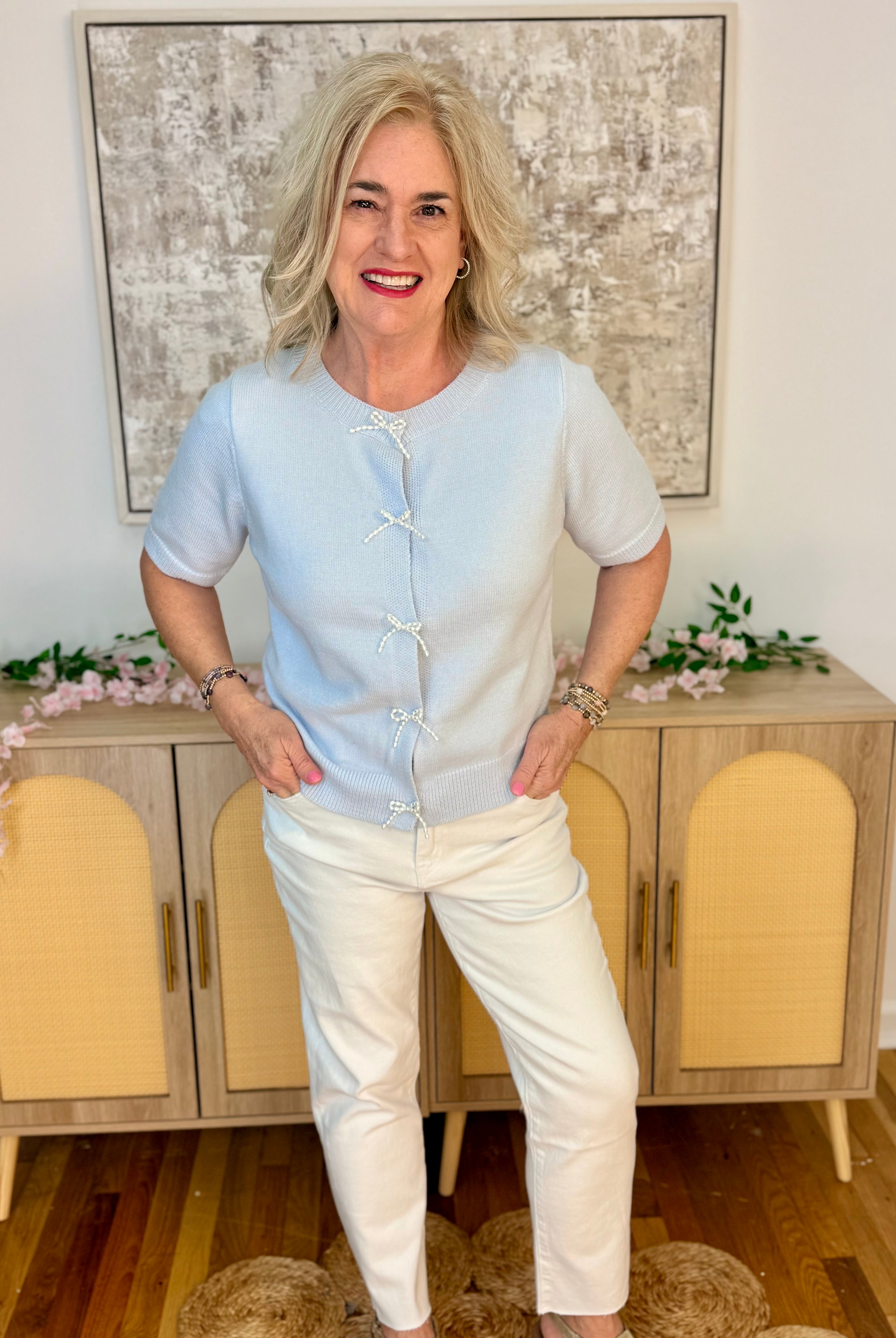 Dainty Pearl Bow Cardigan - Lt. Blue-160 Cardigan/Kimonos-Doe and Rae-The Lovely Closet, Women's Fashion Boutique in Alexandria, KY