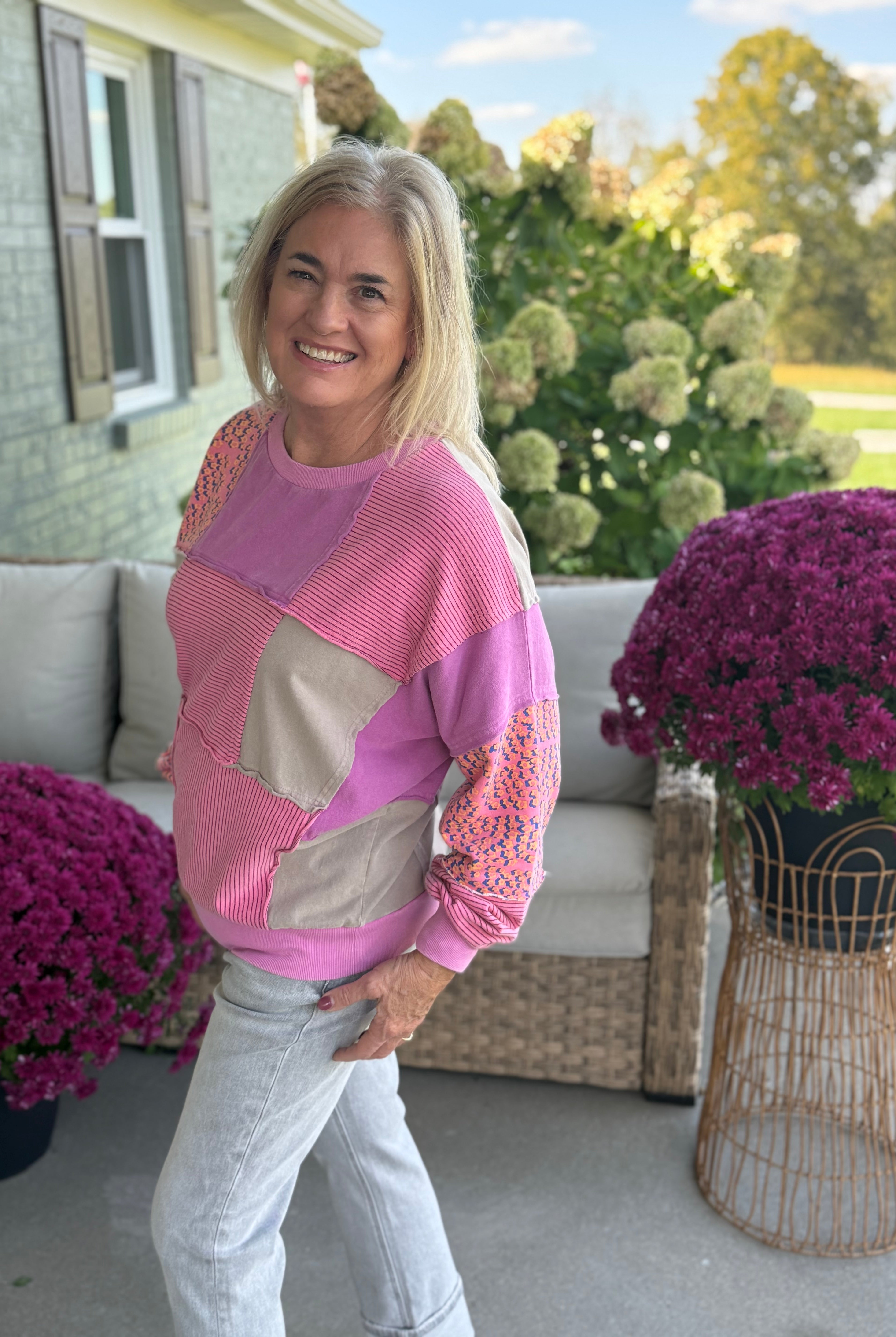 Patchwork Perfection Pullover-110 Long Sleeve Top-Donation Pink-The Lovely Closet, Women's Fashion Boutique in Alexandria, KY
