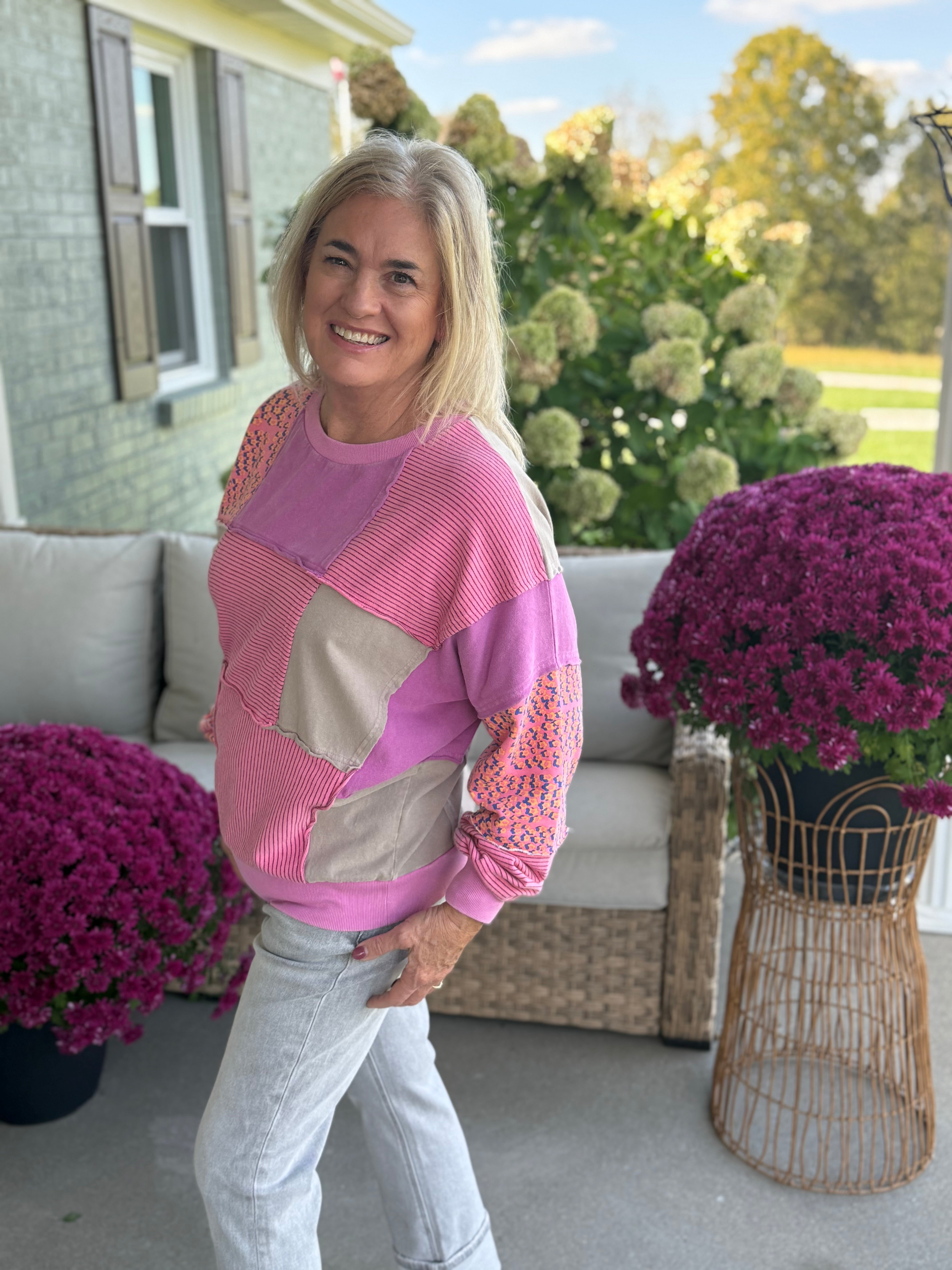 Patchwork Perfection Pullover-110 Long Sleeve Top-Donation Pink-The Lovely Closet, Women's Fashion Boutique in Alexandria, KY