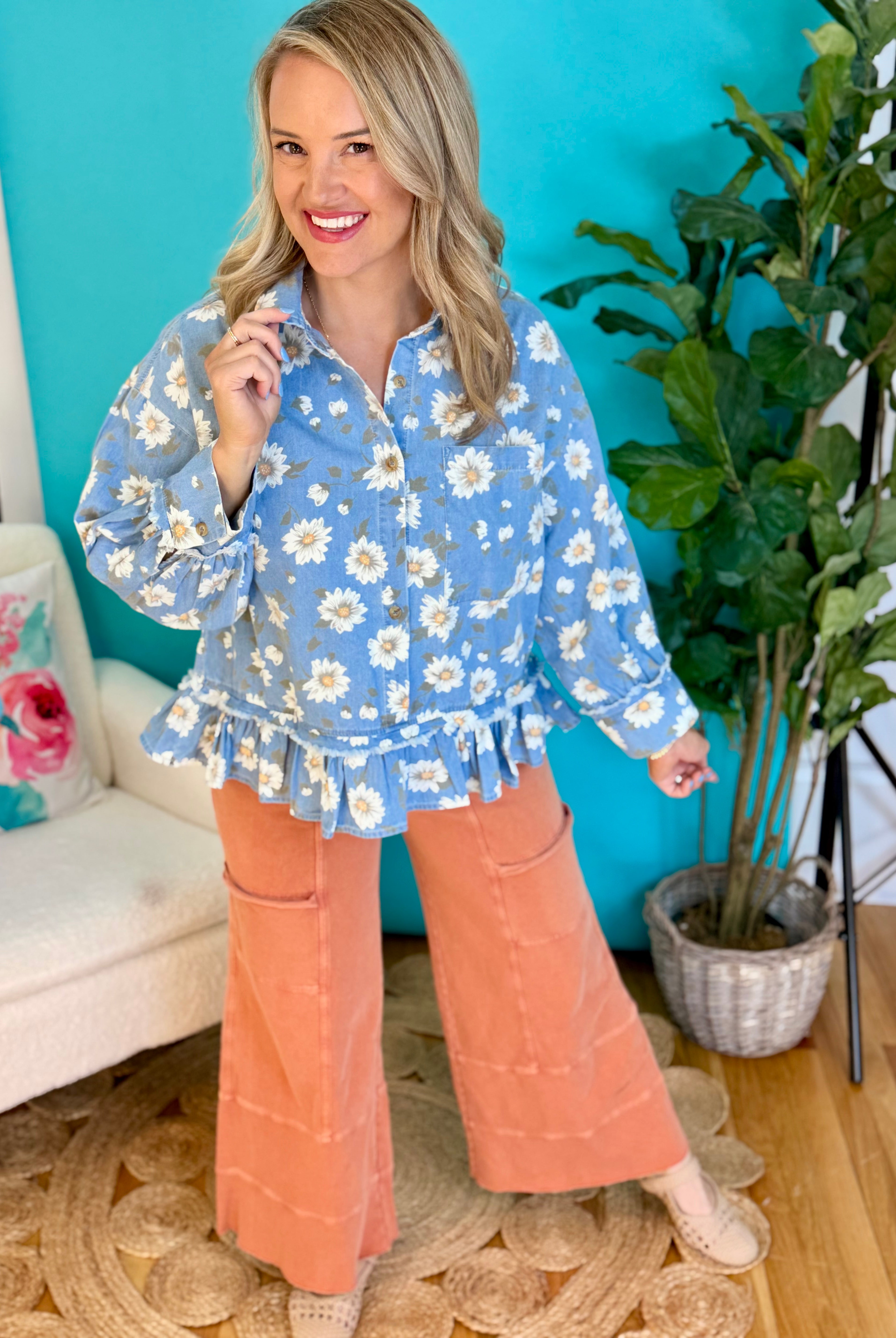 Daisy Print Denim Top-110 Long Sleeve Top-easel-The Lovely Closet, Women's Fashion Boutique in Alexandria, KY