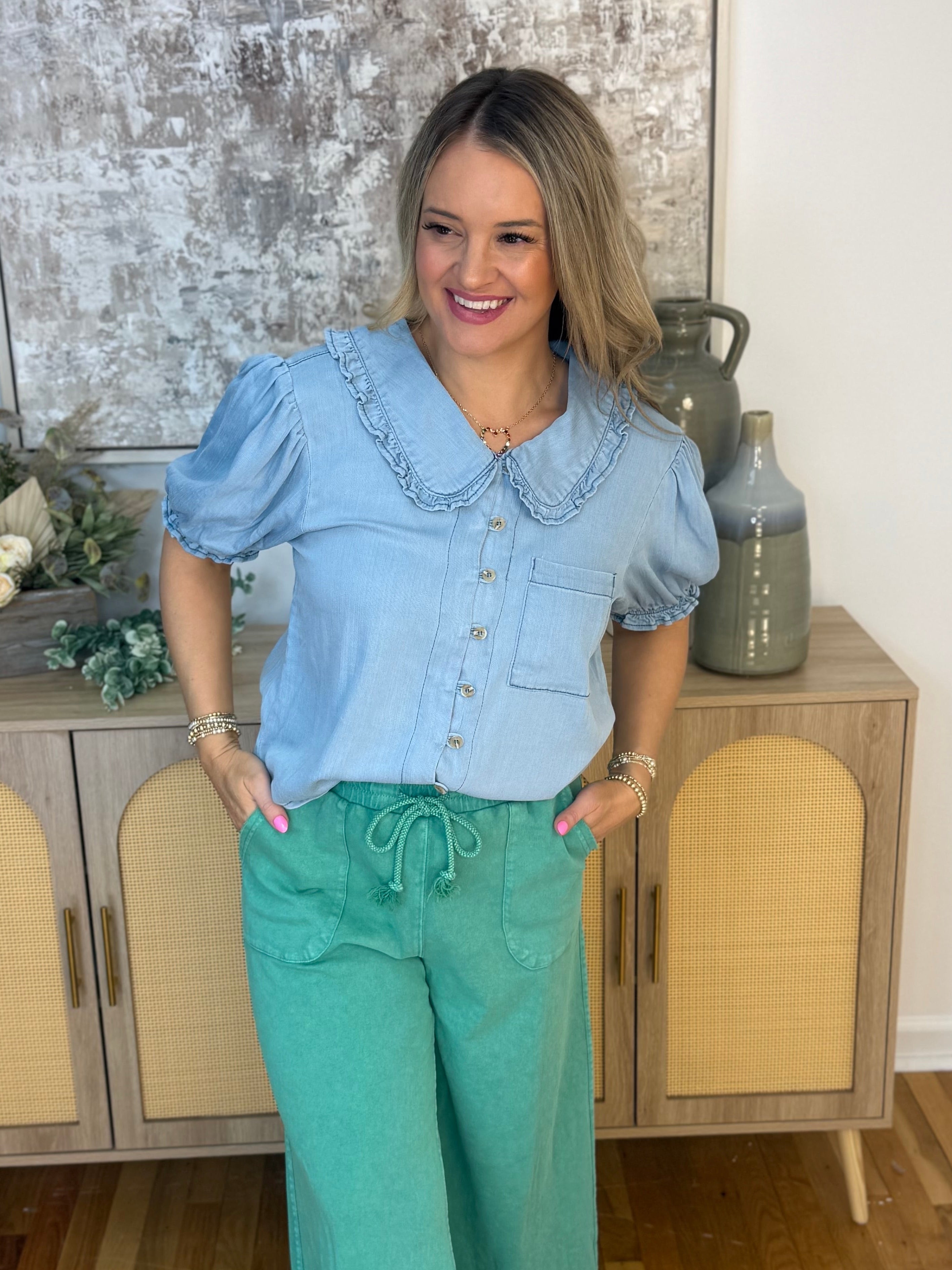 Chase the Sun Chambray Button Down Top-100 Short Sleeve Tops-easel-The Lovely Closet, Women's Fashion Boutique in Alexandria, KY