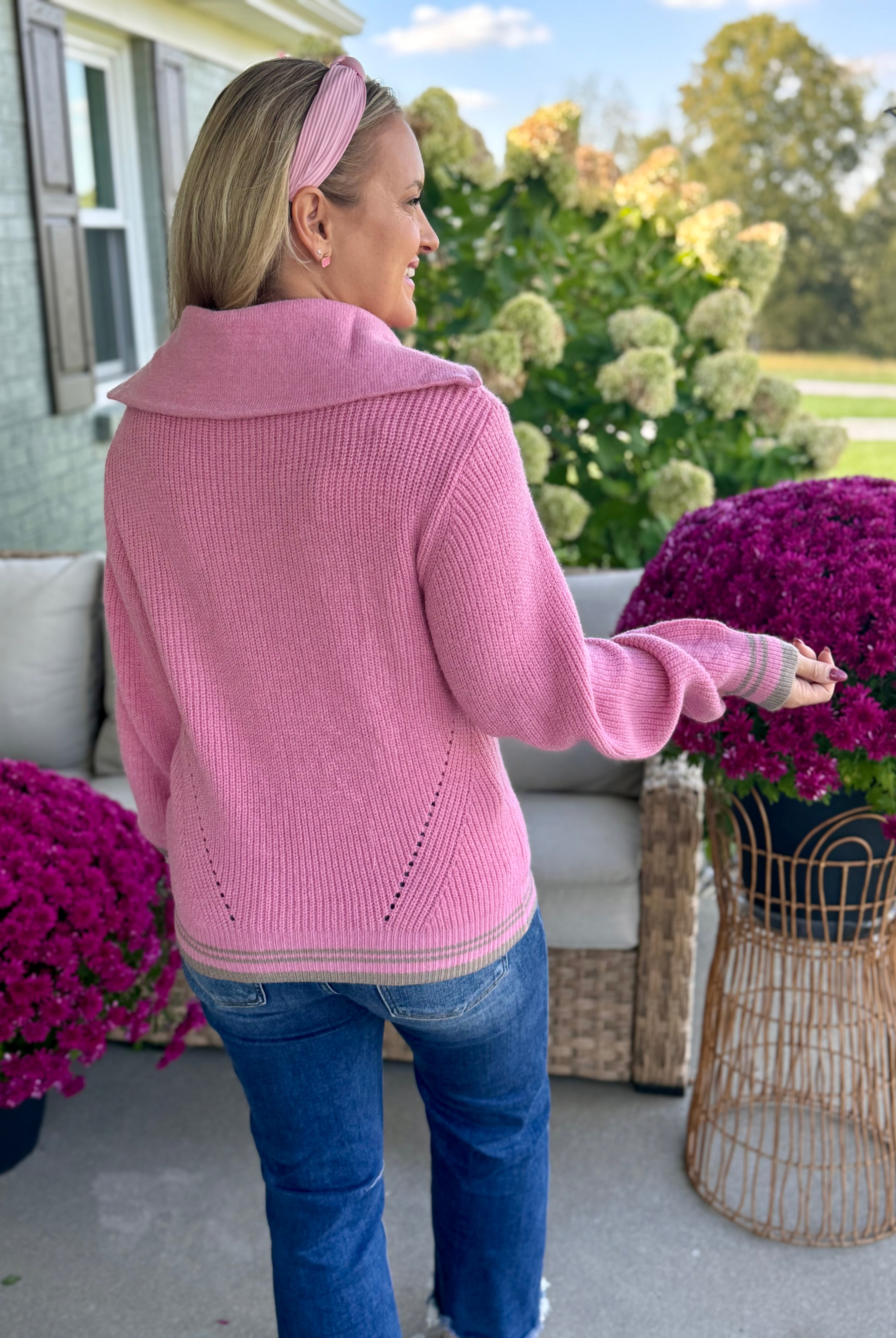 Pink Perfection Quarter Zip Sweater-140 Sweaters-Donation Pink-The Lovely Closet, Women's Fashion Boutique in Alexandria, KY