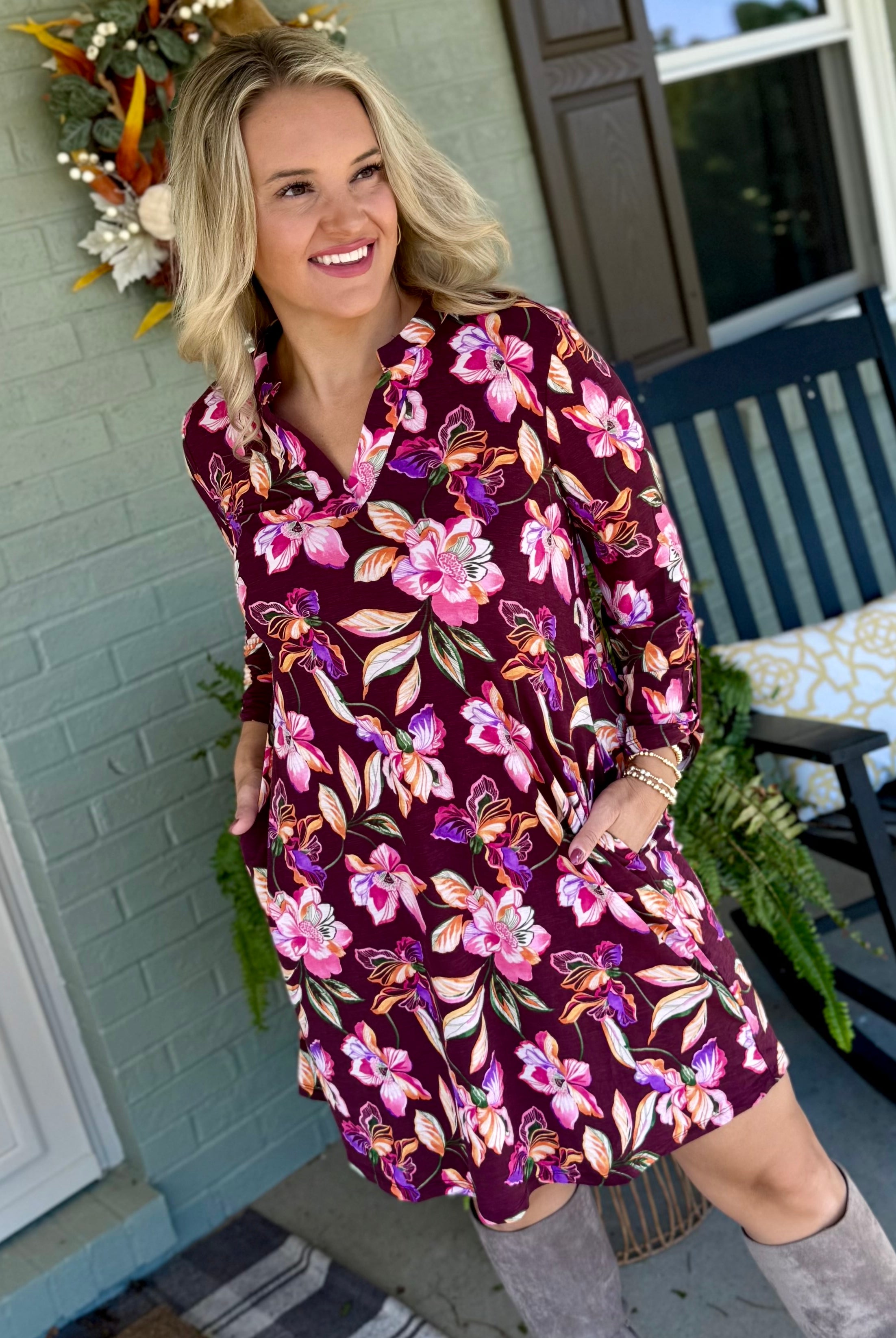 Everly Essential Dress - Deep Plum Floral Print-180 Dresses-Dear Scarlett-The Lovely Closet, Women's Fashion Boutique in Alexandria, KY