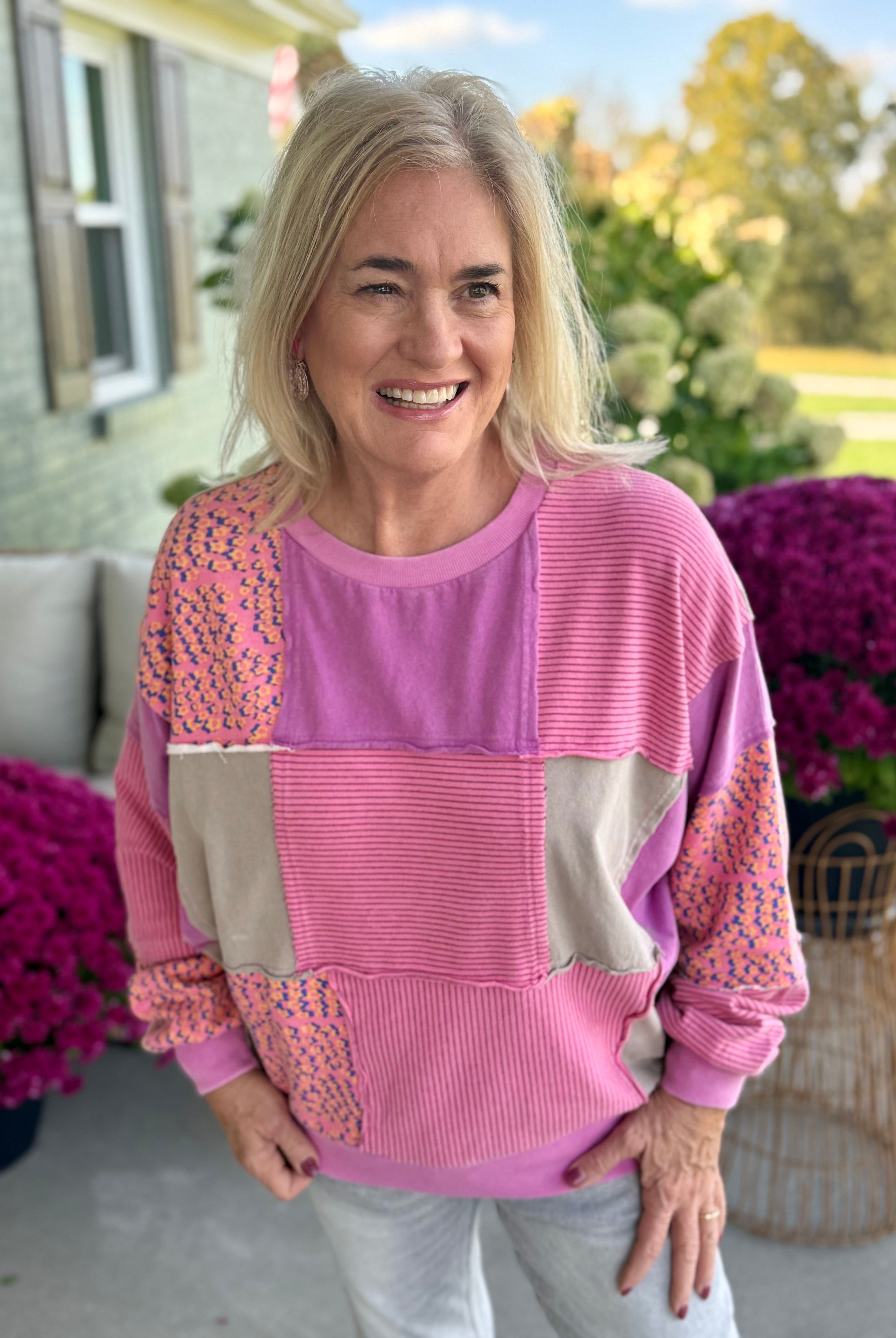 Patchwork Perfection Pullover-110 Long Sleeve Top-Donation Pink-The Lovely Closet, Women's Fashion Boutique in Alexandria, KY