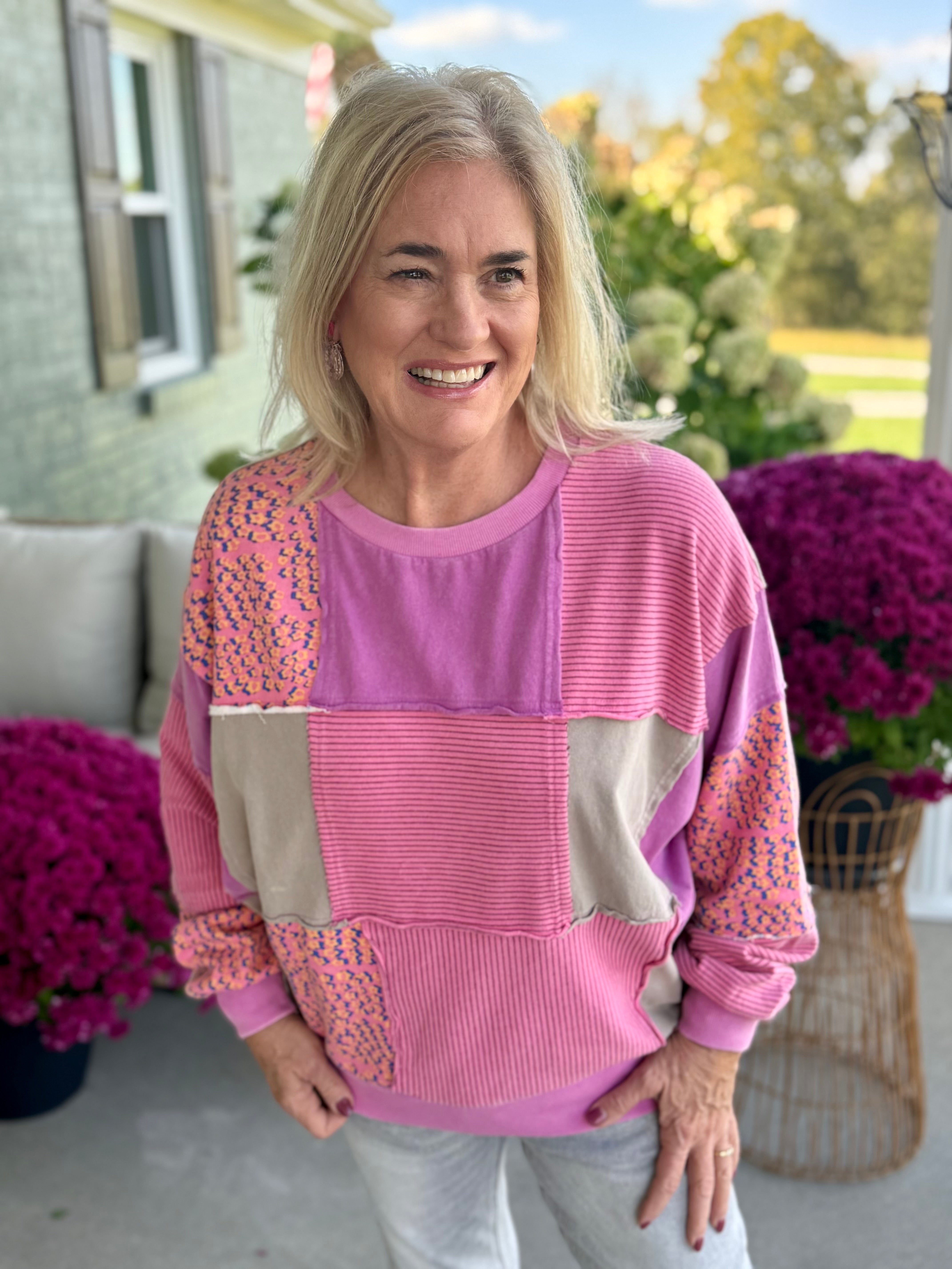 Patchwork Perfection Pullover-110 Long Sleeve Top-Donation Pink-The Lovely Closet, Women's Fashion Boutique in Alexandria, KY