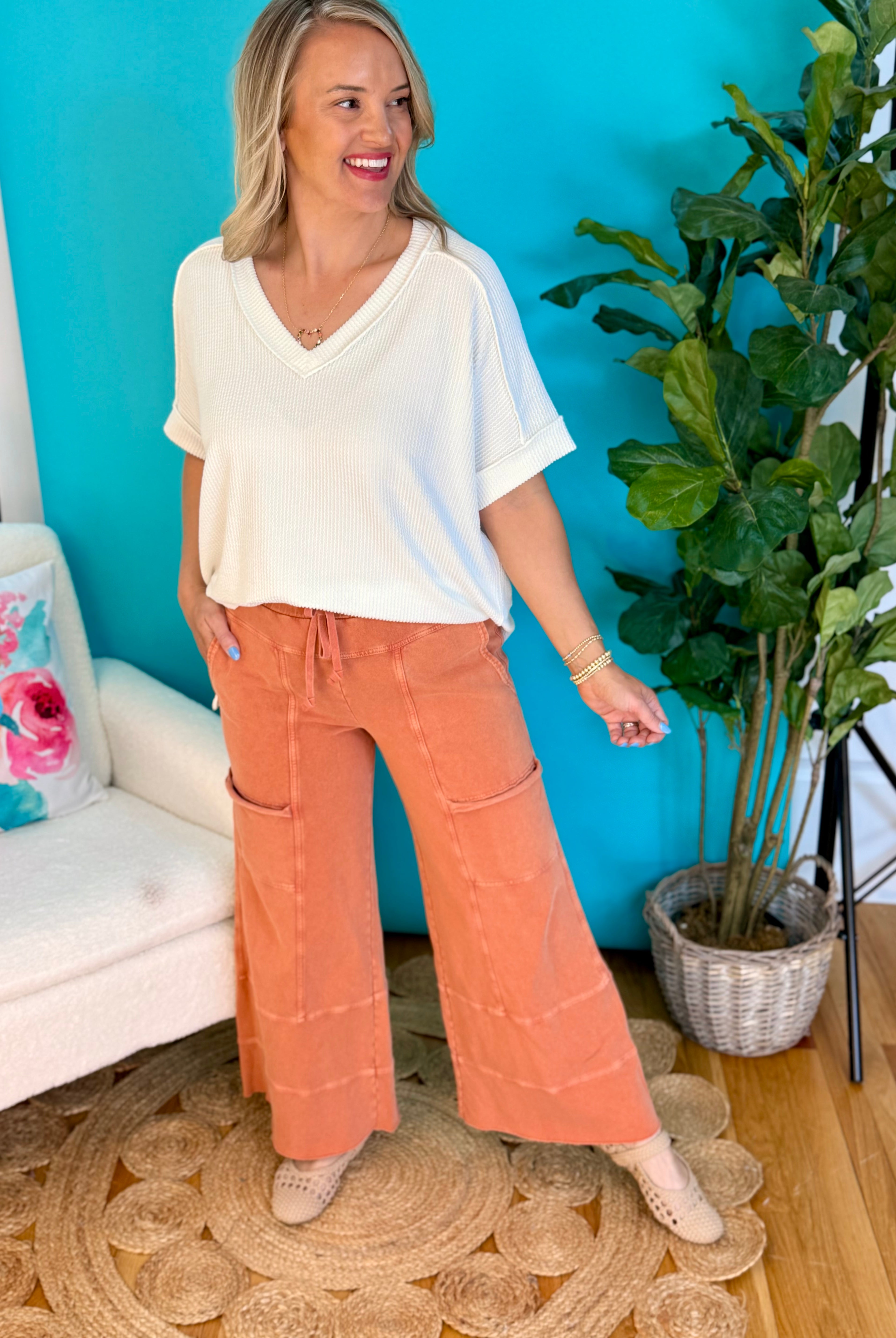 Relaxed Cargo Wide Leg Cropped Pants - Clay-240 Pants-easel-The Lovely Closet, Women's Fashion Boutique in Alexandria, KY