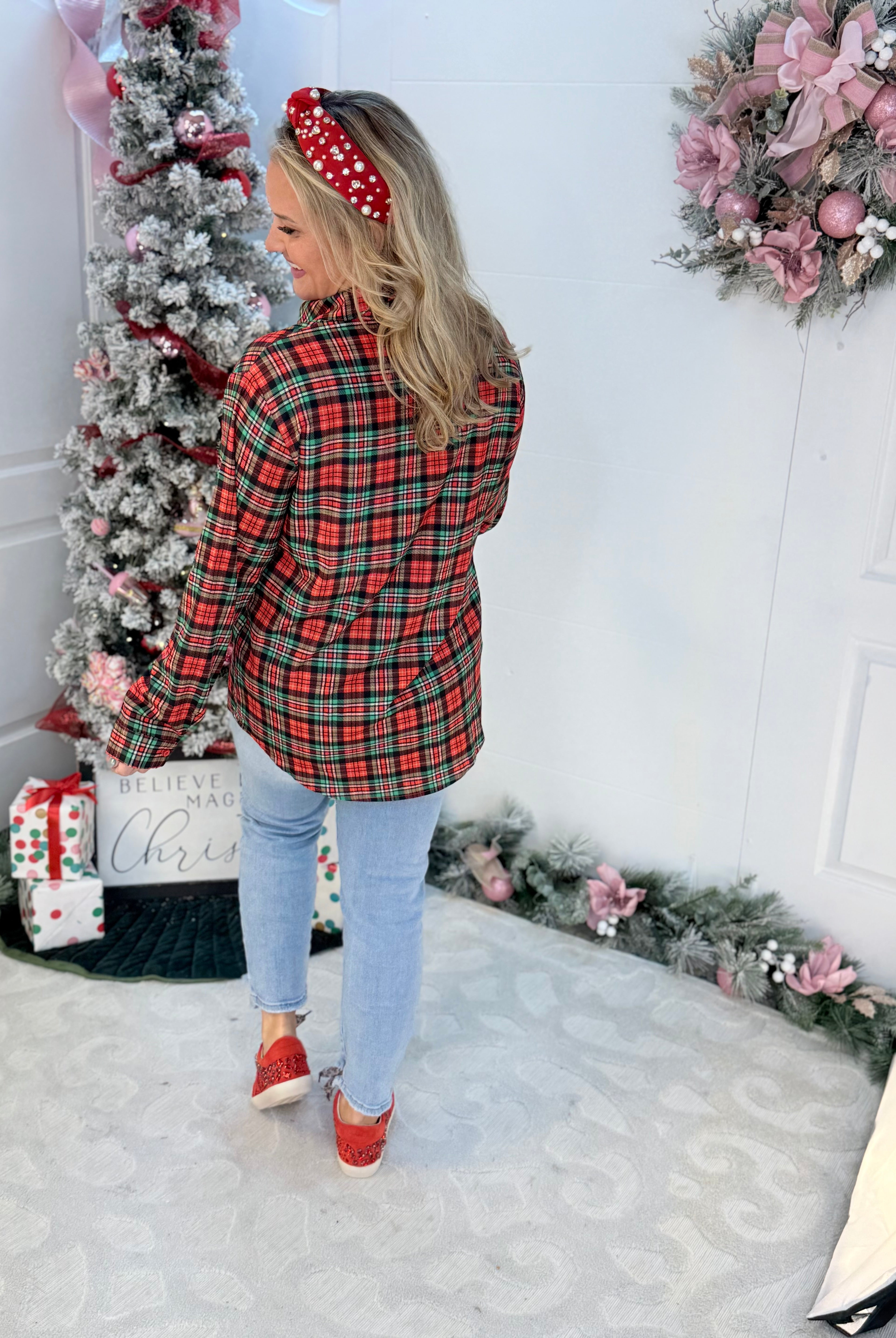 Jess Lea - Nina Button Up Tunic - Christmas Plaid-110 Long Sleeve Top-Jess Lea-The Lovely Closet, Women's Fashion Boutique in Alexandria, KY
