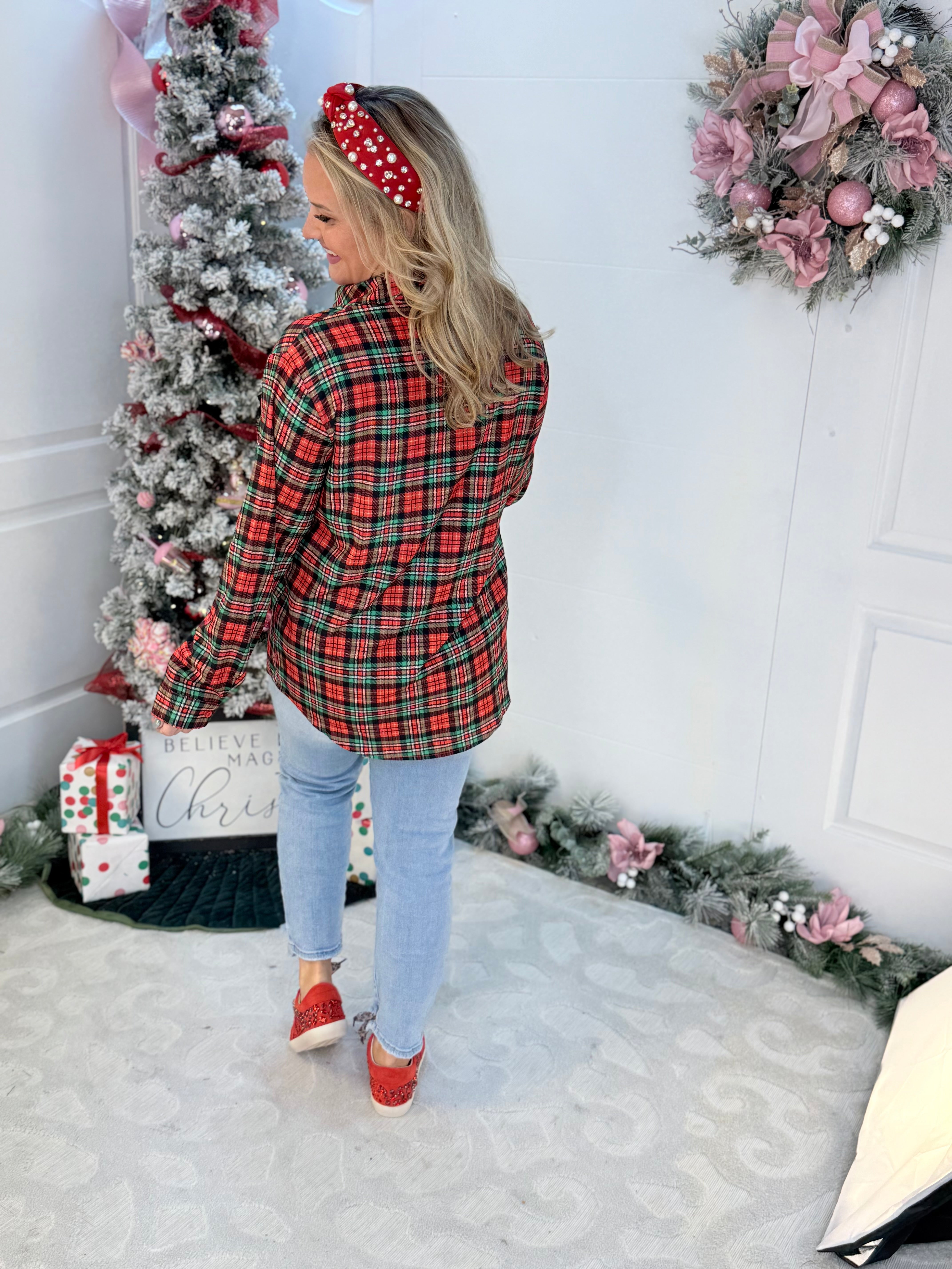 Jess Lea - Nina Button Up Tunic - Christmas Plaid-110 Long Sleeve Top-Jess Lea-The Lovely Closet, Women's Fashion Boutique in Alexandria, KY