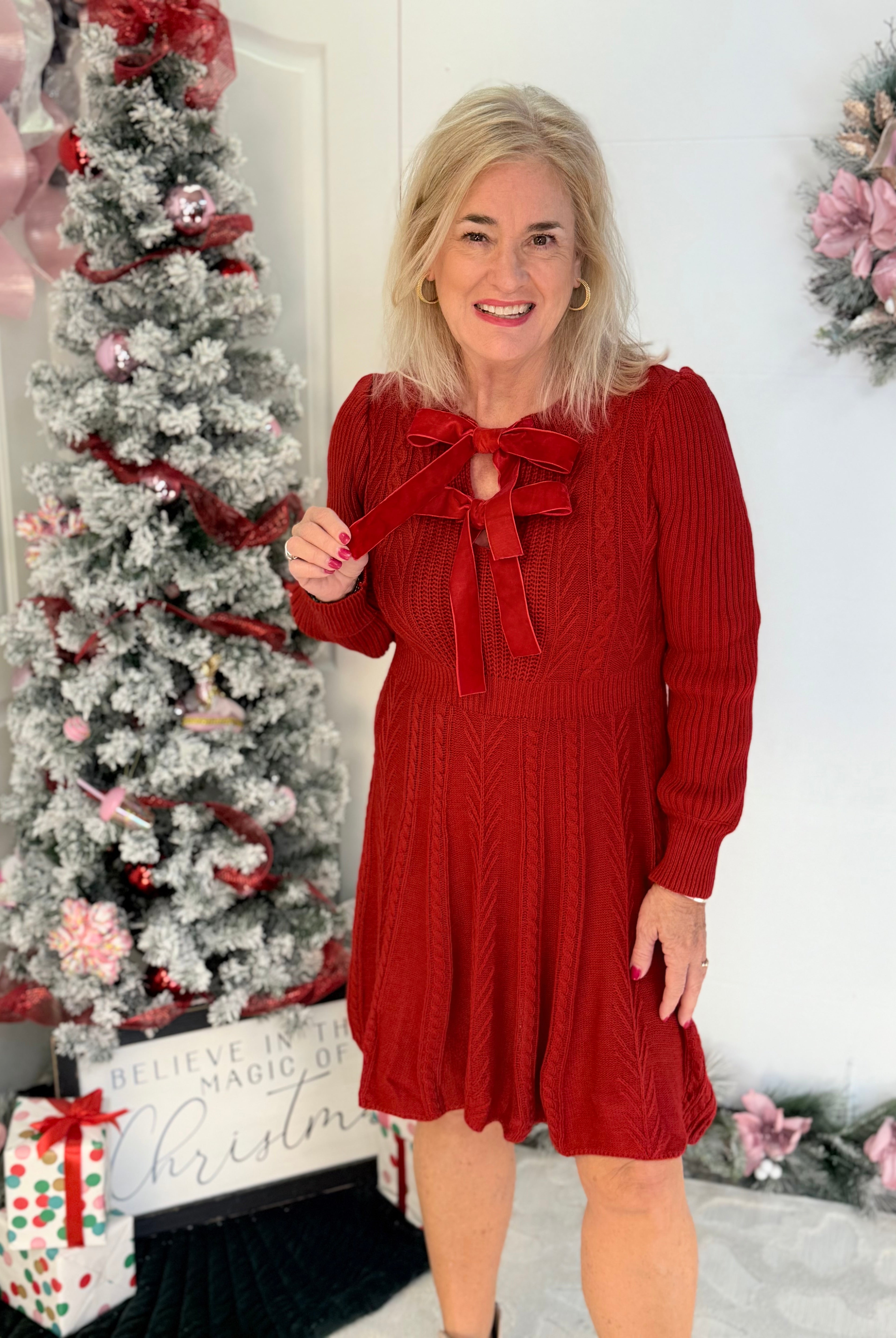 Christmas Velvet Bow Cable Sweater Dress-110 Long Sleeve Top-Bibi-The Lovely Closet, Women's Fashion Boutique in Alexandria, KY