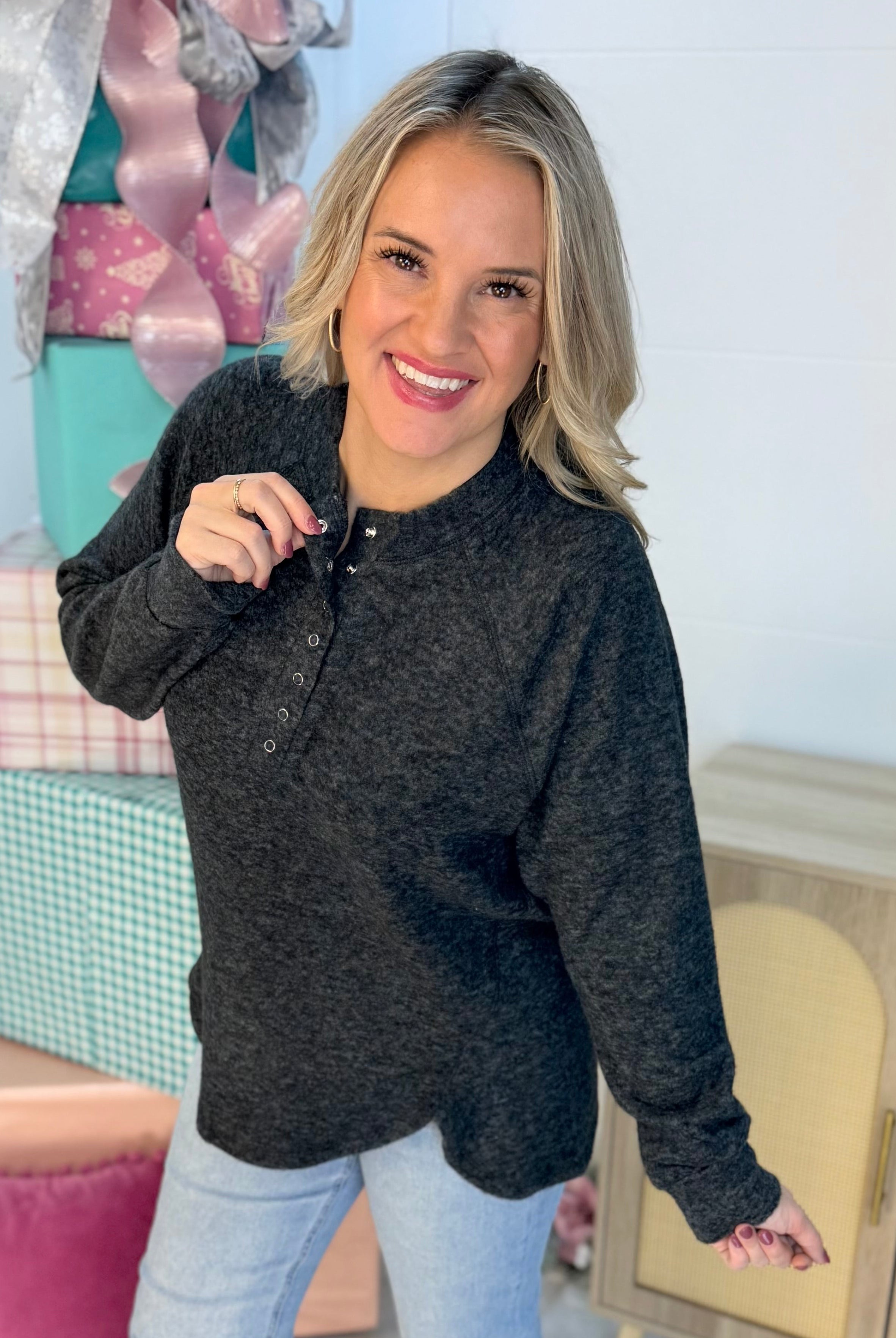 Black Friday Cozy Deluxe Top - Charcoal-110 Long Sleeve Top-zenana-The Lovely Closet, Women's Fashion Boutique in Alexandria, KY