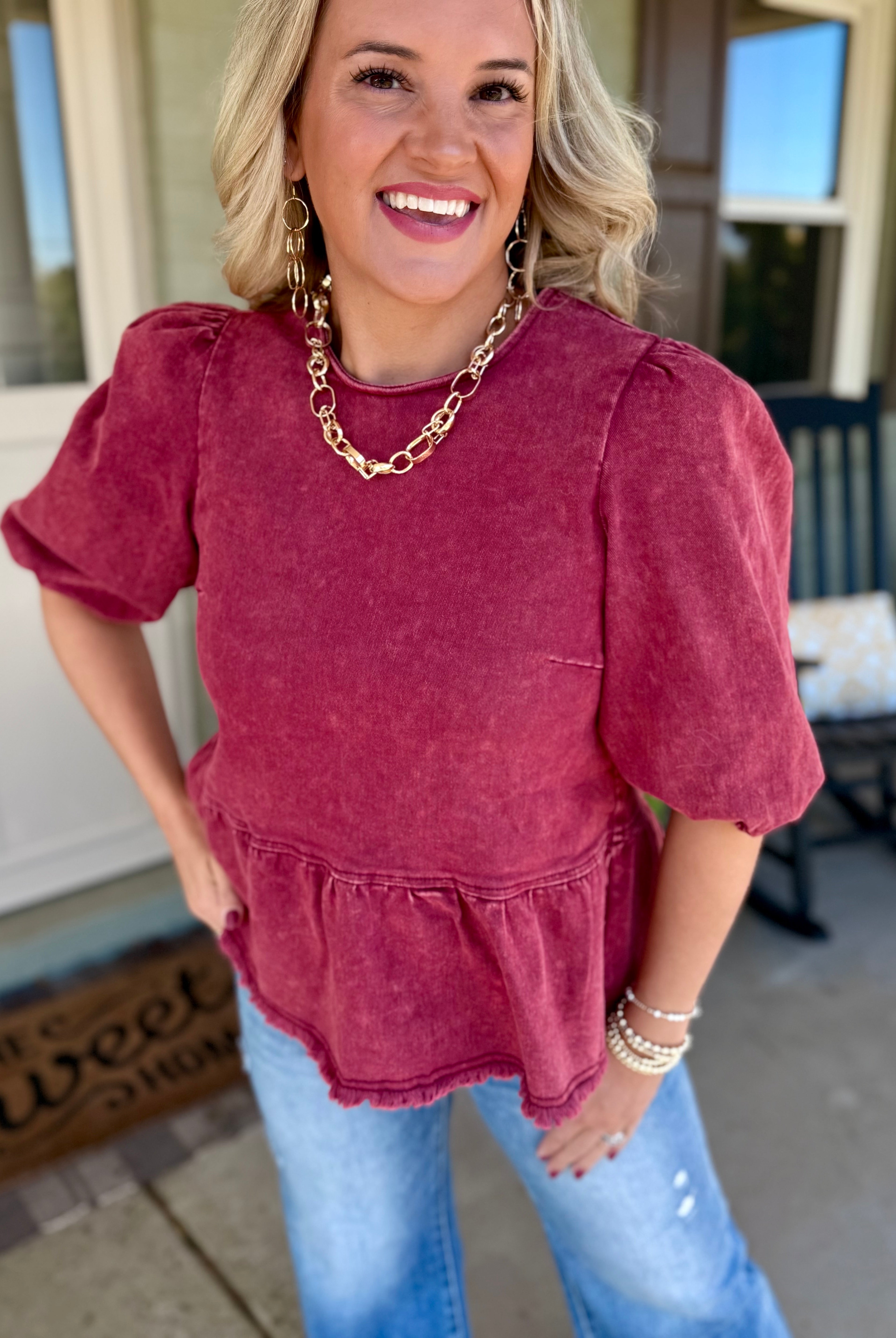 Cider & Cinnamon Washed Denim Top - Garnet-100 Short Sleeve Tops-Anniewear-The Lovely Closet, Women's Fashion Boutique in Alexandria, KY