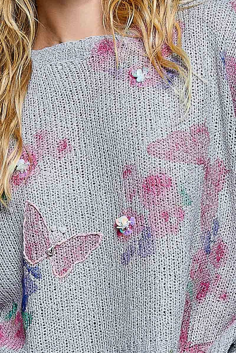Butterfly Print Sequin Flower Knit Sweater-110 Long Sleeve Top-Pol Clothing-The Lovely Closet, Women's Fashion Boutique in Alexandria, KY